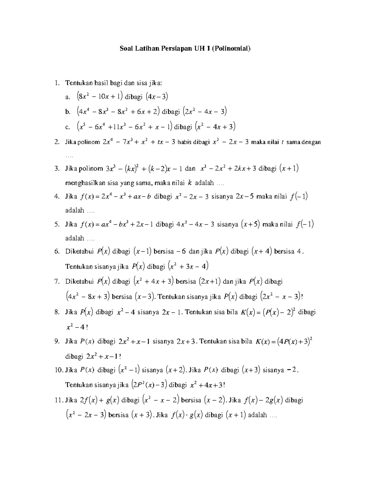 Soal Latihan Persiapan UH 1 Mat Minat: Polinomial - Studocu