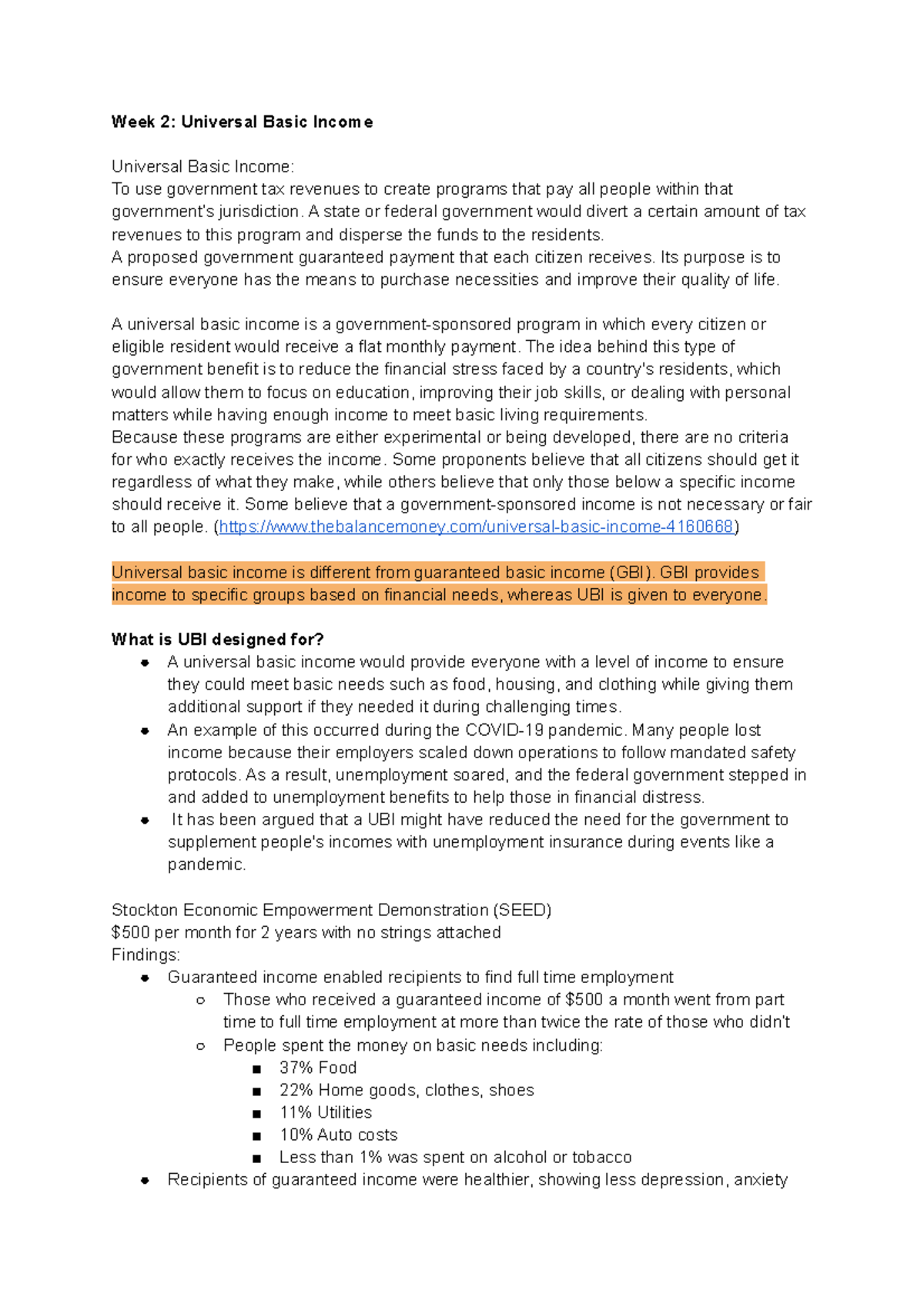Week 2 Lecture Notes on Universal Basic Income (UBI) - Studocu