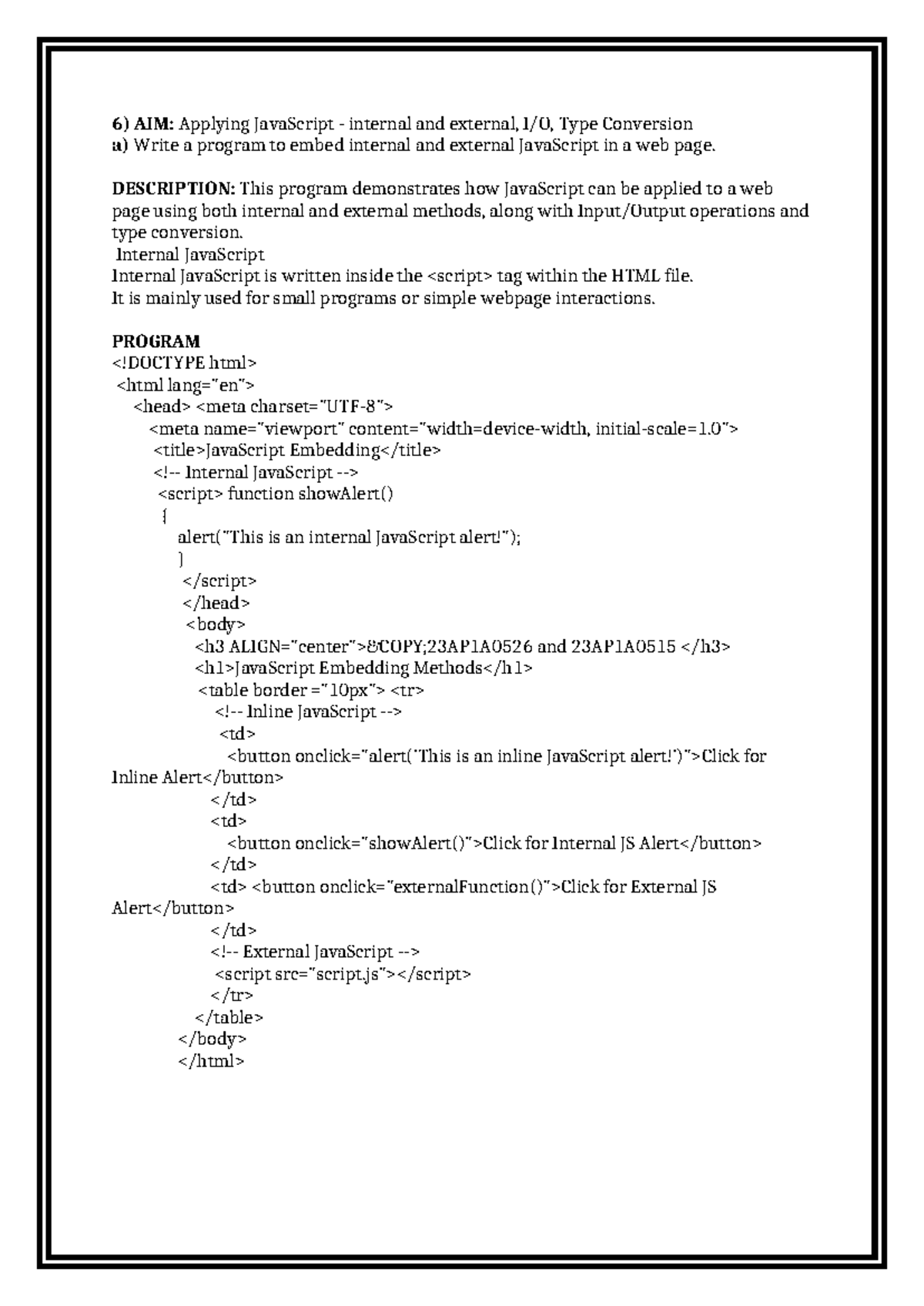 EXP6 - JavaScript Internal & External Methods with Type Conversion ...