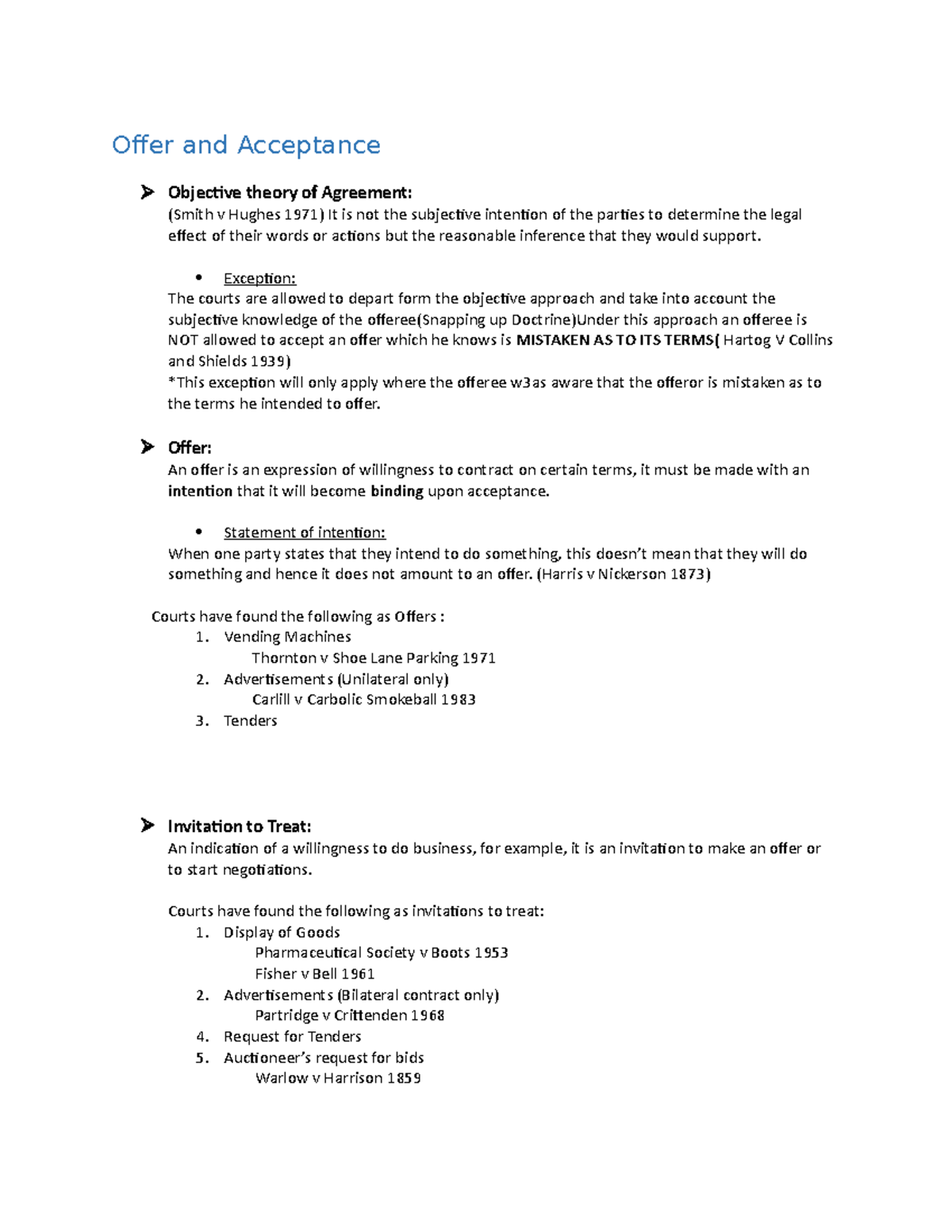 Contract Law (LAW101) - Offer and Acceptance Notes with Case Law - Studocu