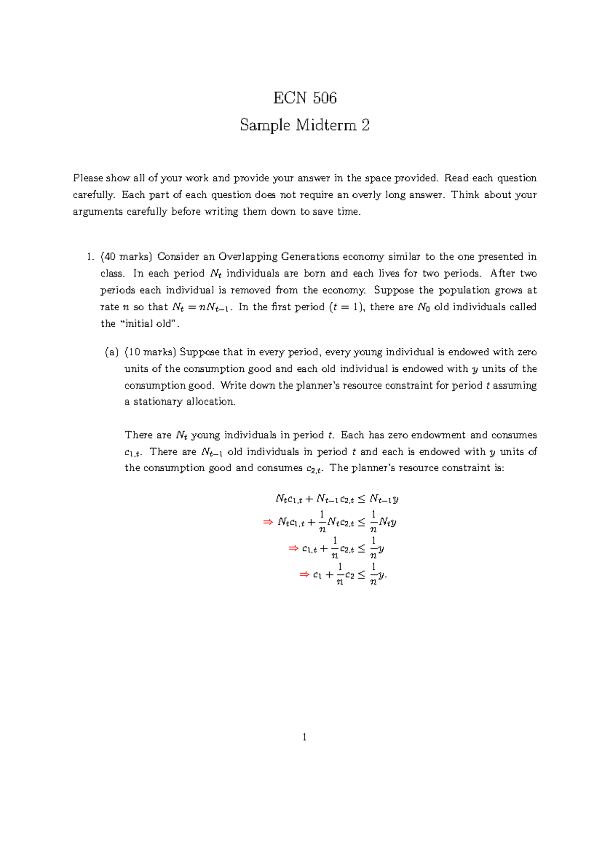 ECN 506 Sample Midterm 2 Solutions: Overlapping Generations Economy ...