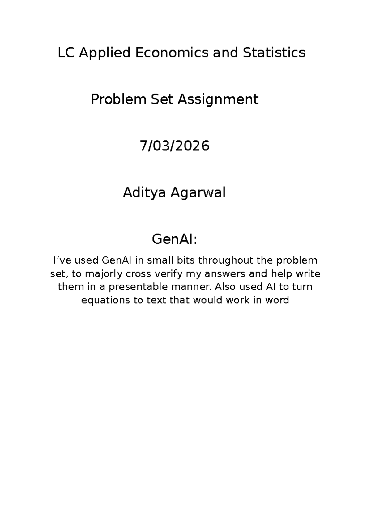 AES Applied Economics and Statistics Problem Set Analysis - Studocu