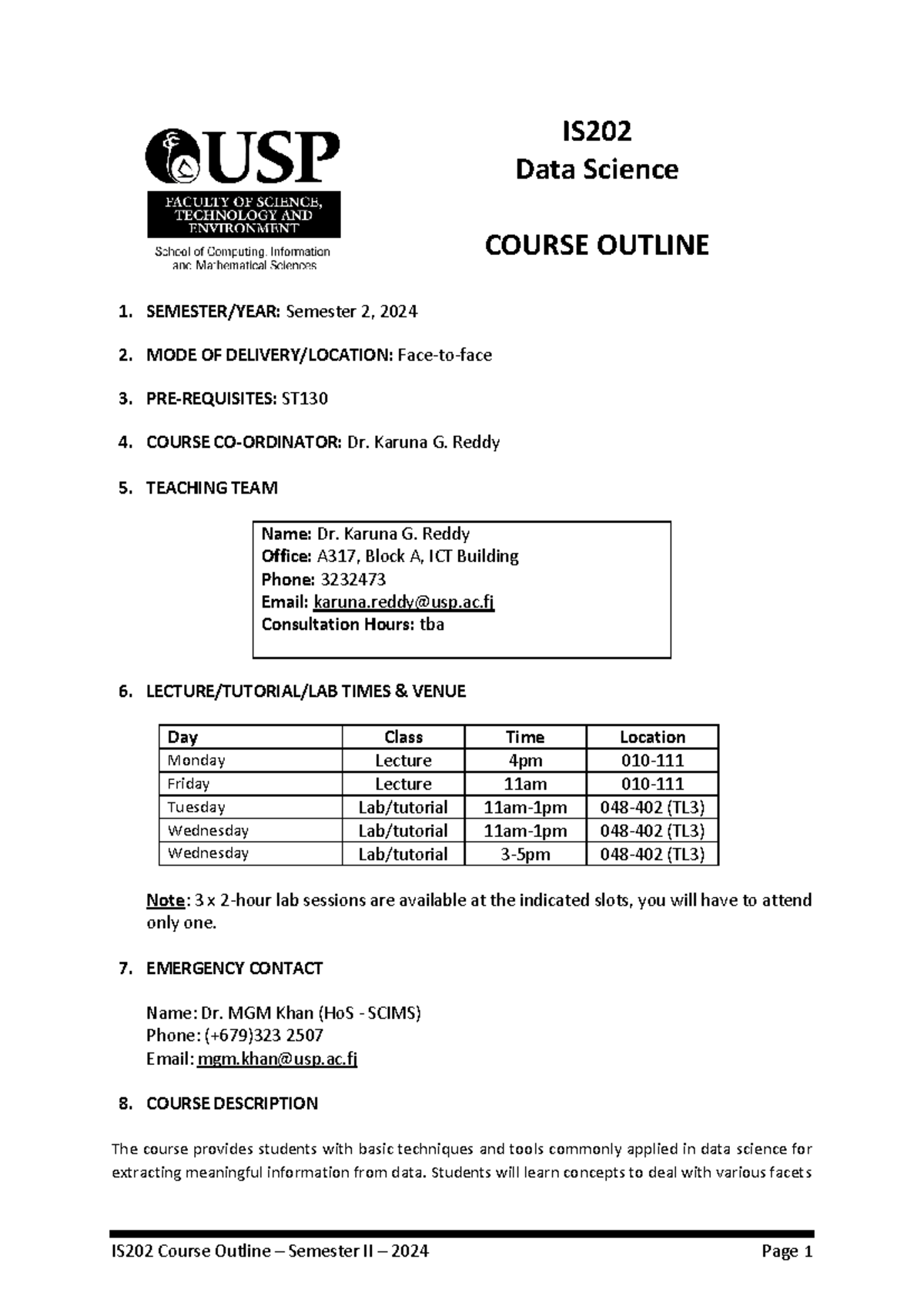 IS202 Data Science Course Outline - Semester 2, 2024 Details - Studocu