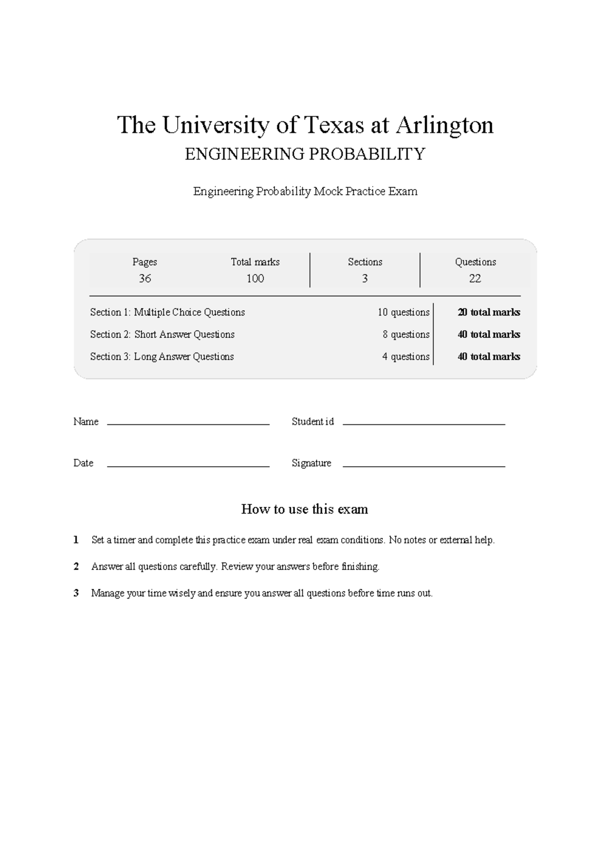 IE 3301 Engineering Probability Mock Practice Exam 2026 - Studocu