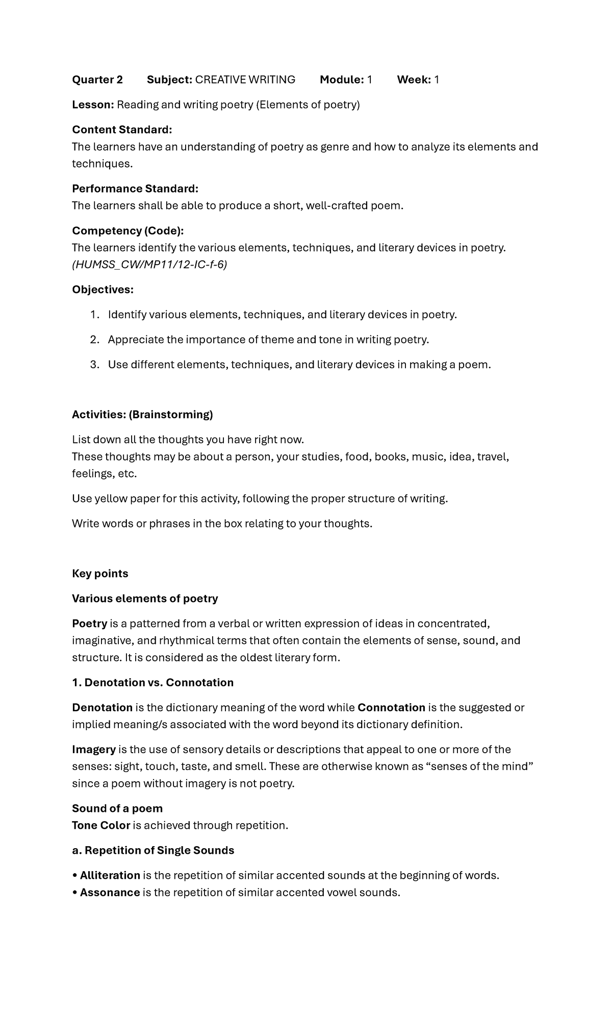 Creative Writing 2nd Quarter: Lesson 1 - Elements of Poetry - Studocu