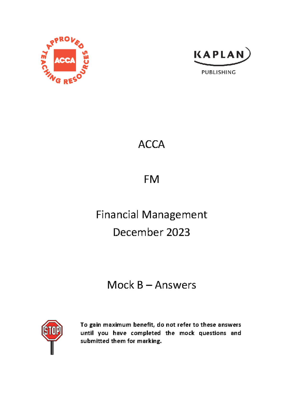 ACCA FM Financial Management Dec 2023 Mock B Answers & Insights - Studocu
