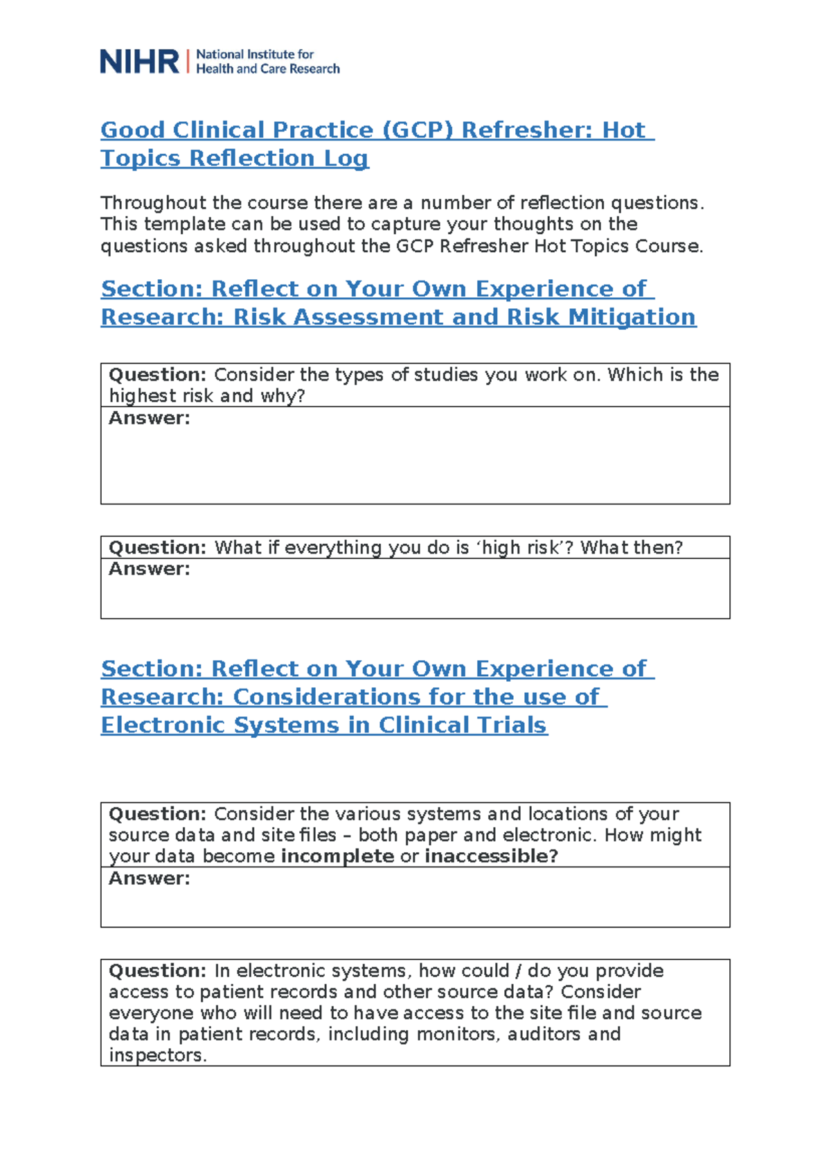 Good Clinical Practice (GCP) Refresher Hot Topics Relections Template ...