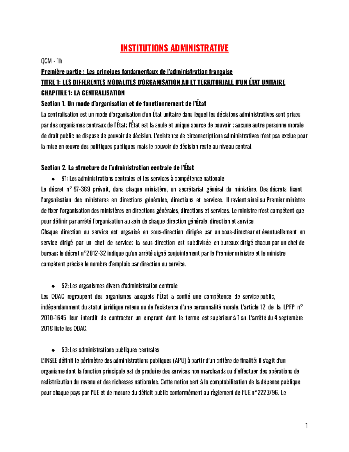 Institutions Administratives - QCM 1h: Principes Fondamentaux et ...