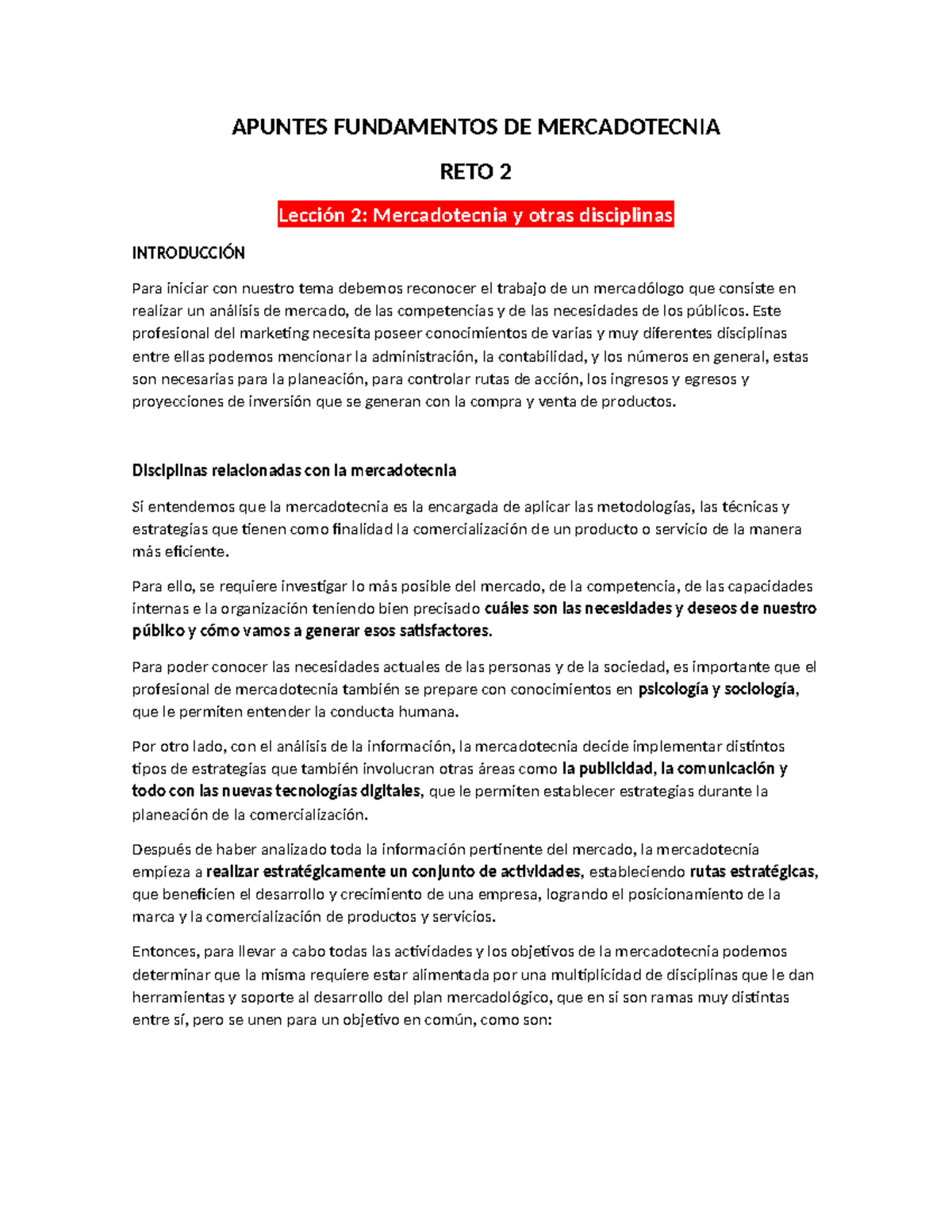 Apuntes de Fundamentos de Mercadotecnia RETO 2: Lección 2 y 3 - Studocu