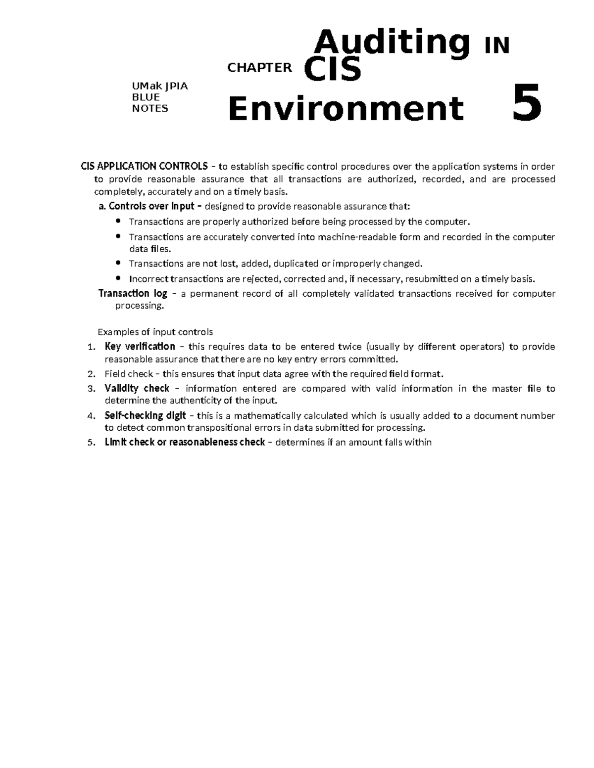 Auditing in CIS Environment: Chapter 5 Blue Notes on Application ...