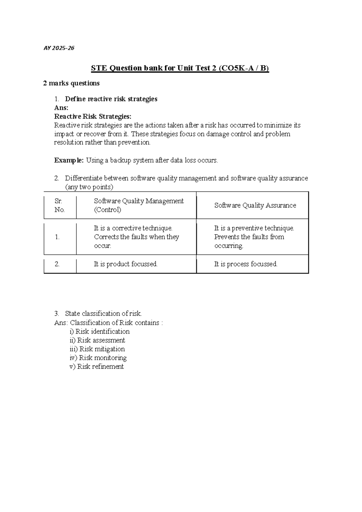 STE Question Bank Solutions for Unit Test 2 (2 Marks Questions) - Studocu