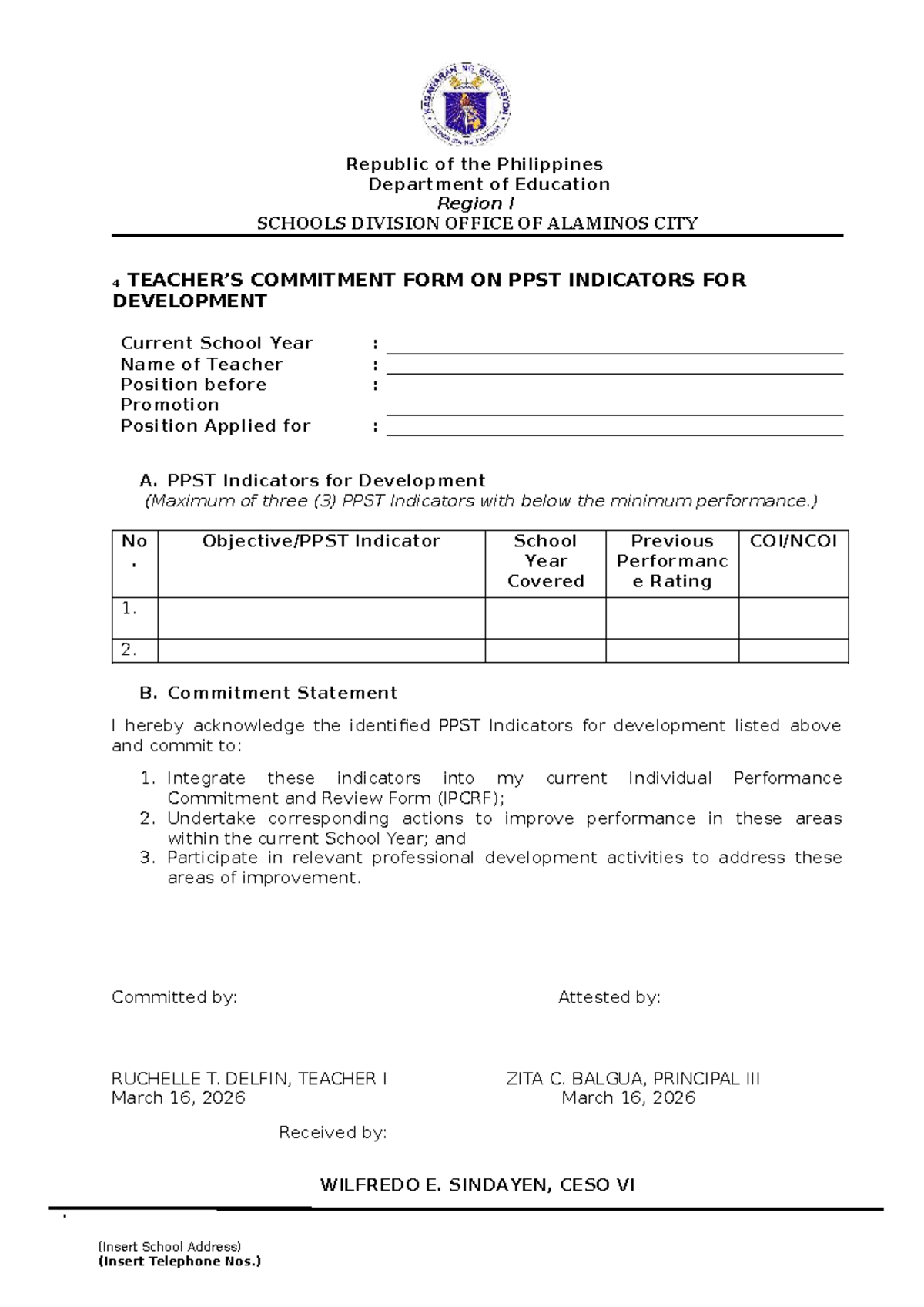 Teachers Commitment Form on PPST Indicators for Development 4 - Studocu