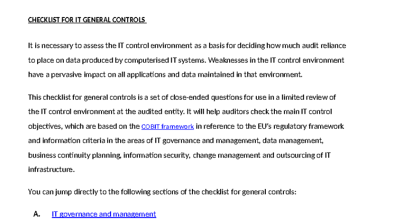 ITGC Checklist: Assessing IT Control Environment for Audits - Studocu