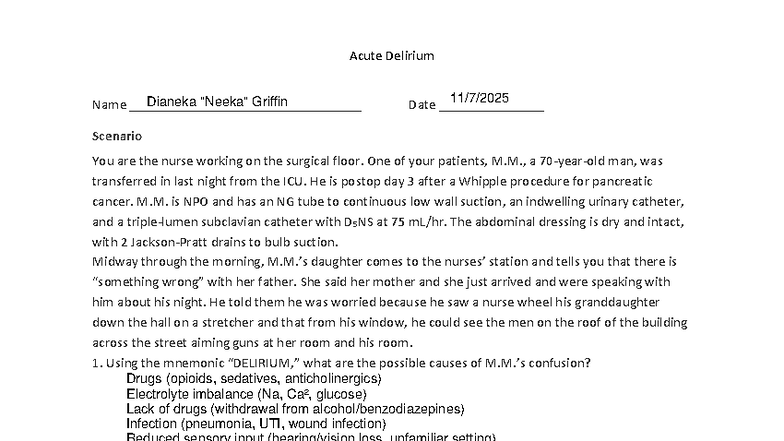 Acute Delirium Case Study: Nursing Assessment & Management Strategies ...