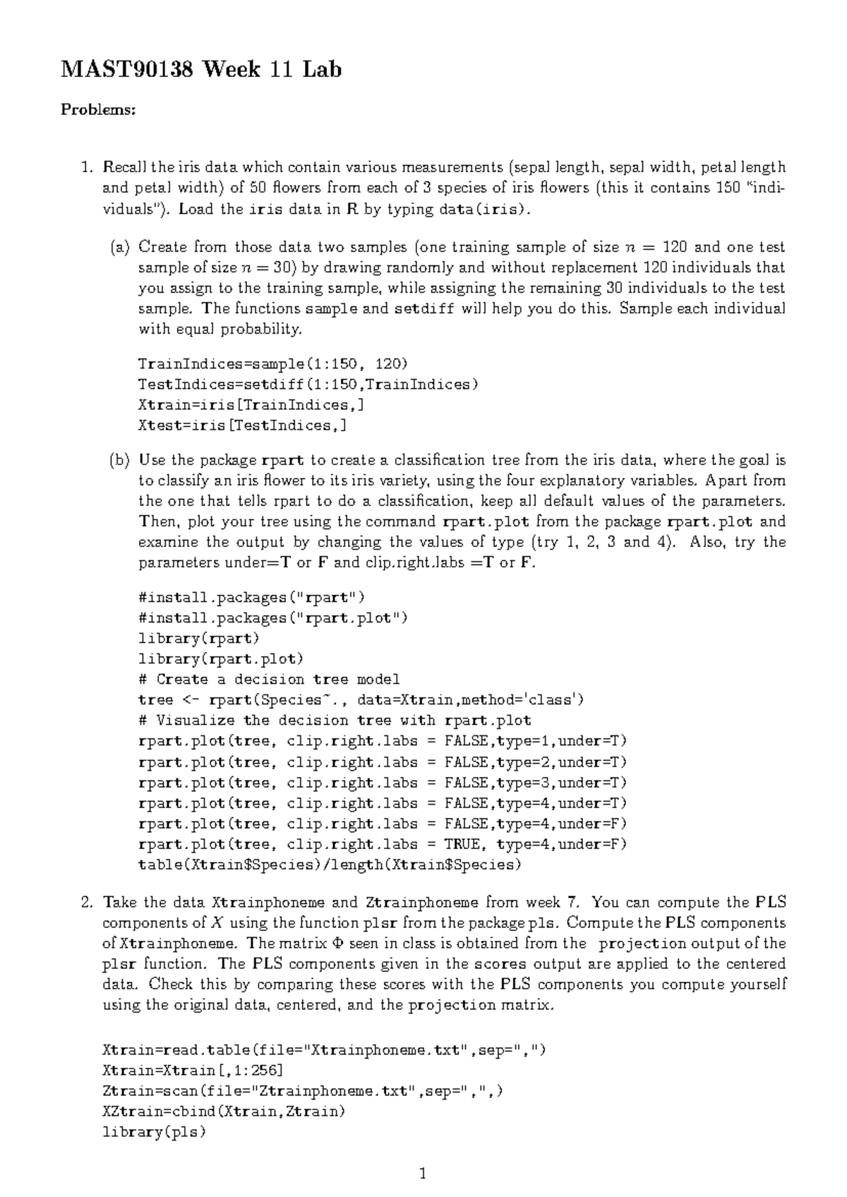 MAST90138 Week 11 Lab: Iris Data Classification & PLS Analysis - Studocu