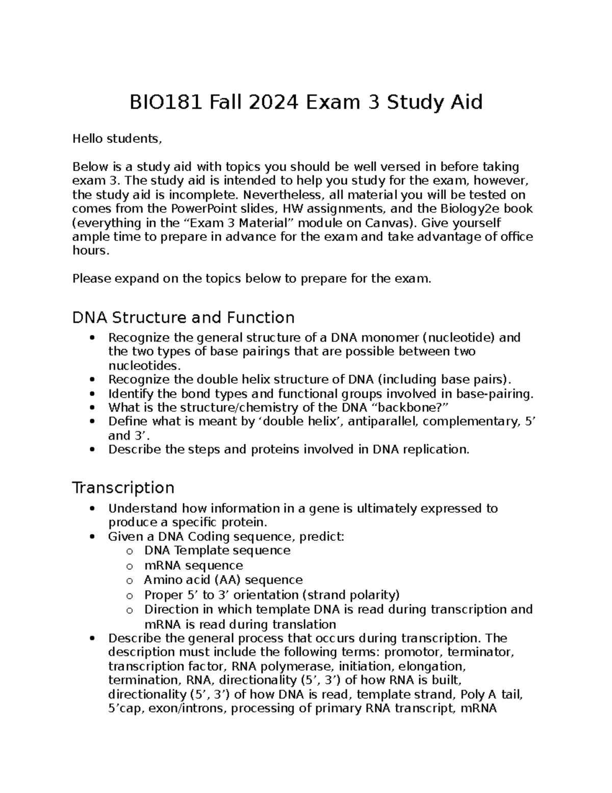 BIO181 Fall 2024 Exam 3 Study Aid: Key Concepts & Topics - Studocu