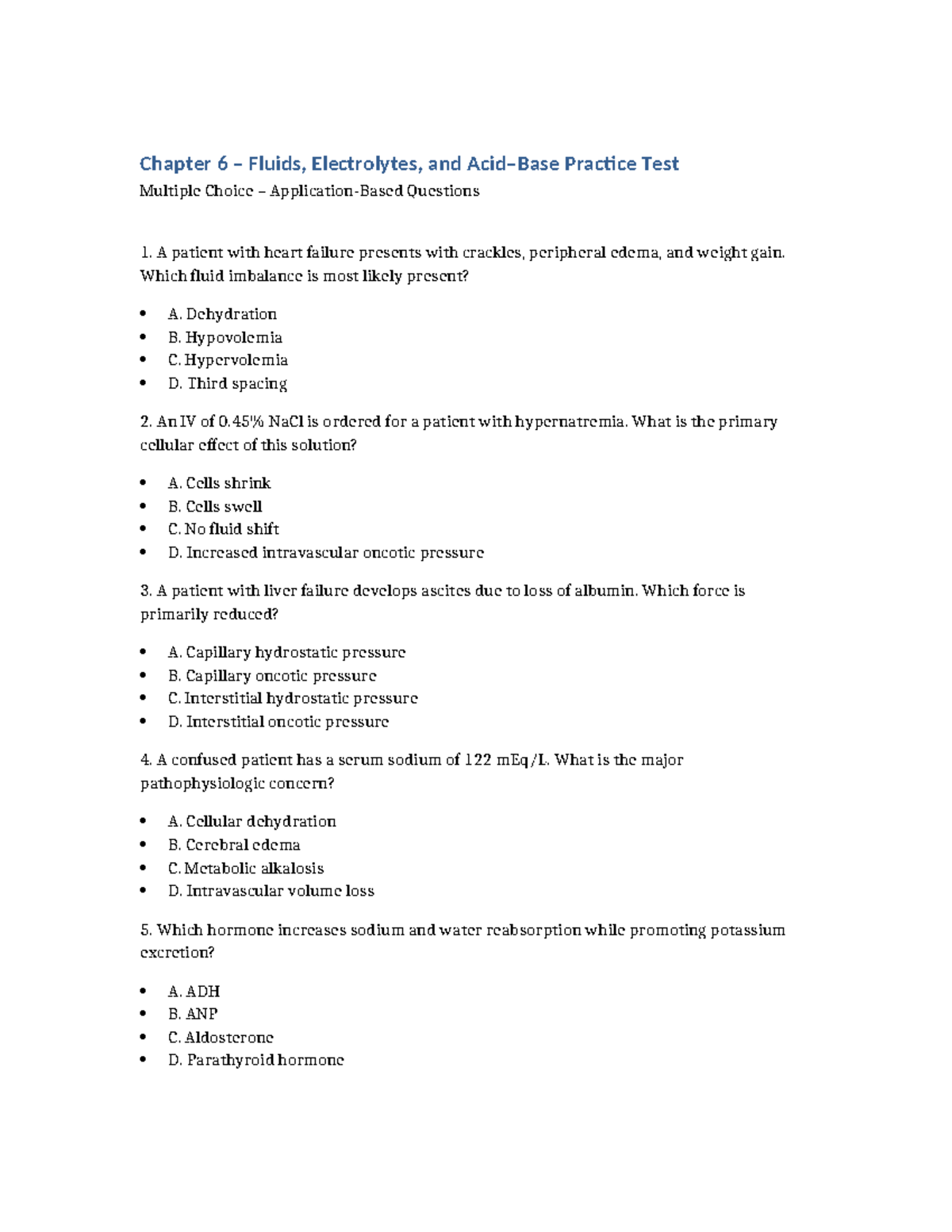 Patho 6394: Chapter 6 Fluids & Electrolytes MCQ Practice Test - Studocu