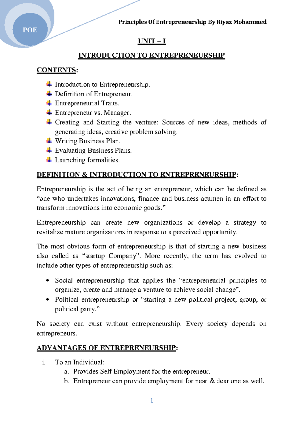 Principles of Entrepreneurship - Unit 1 Overview and Key Concepts - Studocu
