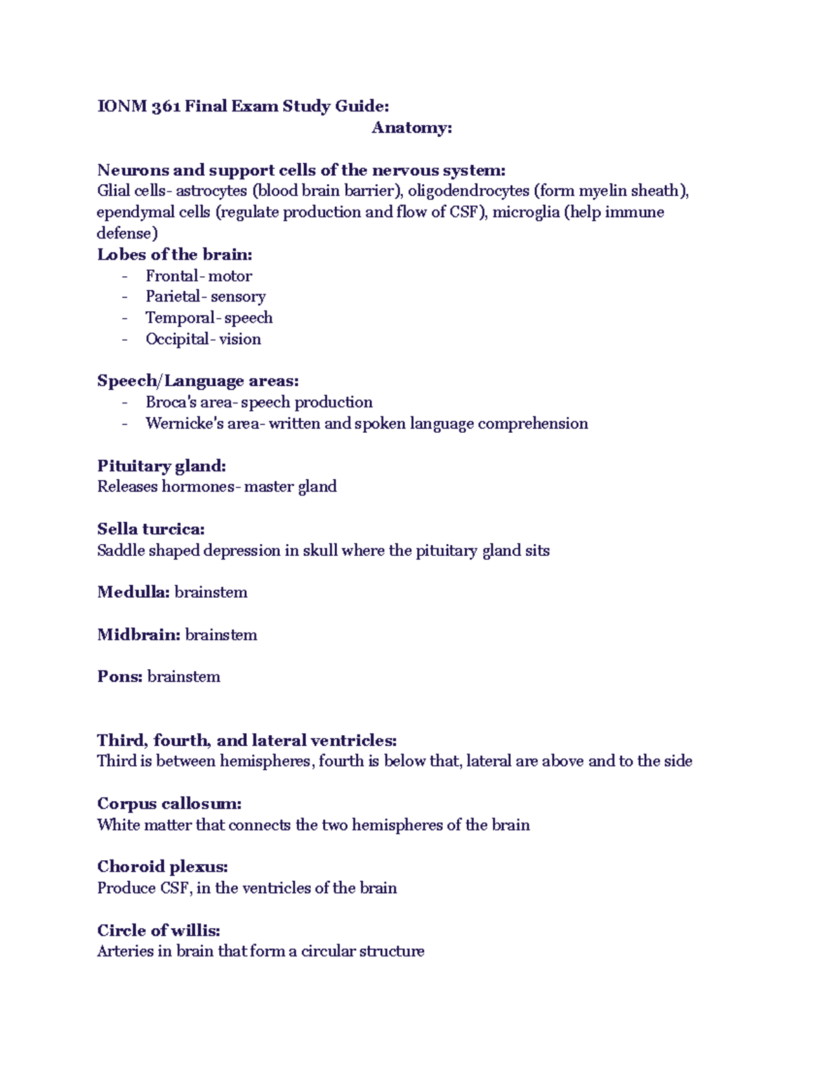 IONM 361 Final Exam Study Guide: Key Concepts and Anatomy Review - Studocu