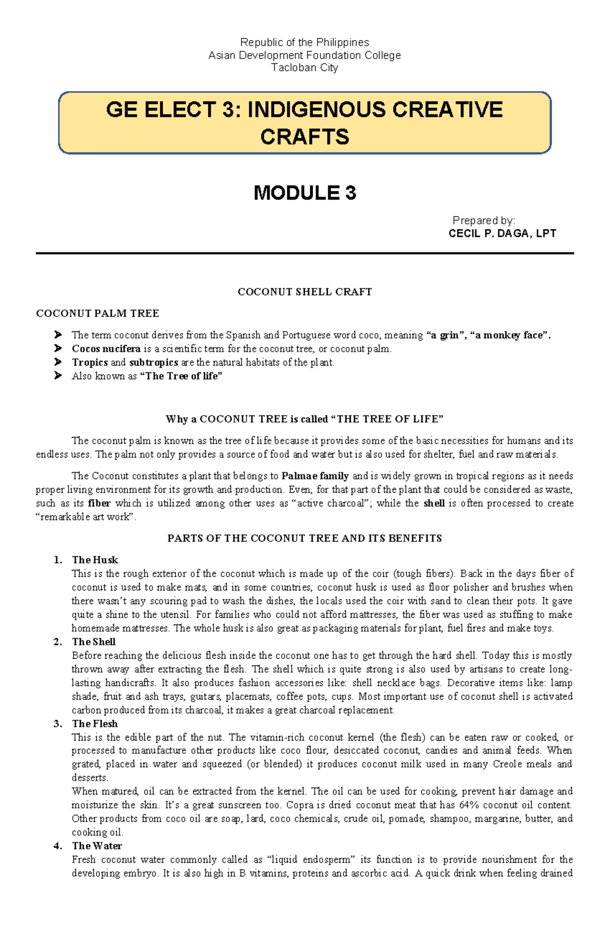 GE ELECT 3: Indigenous Creative Crafts Module 3 - Coconut Craft Notes ...