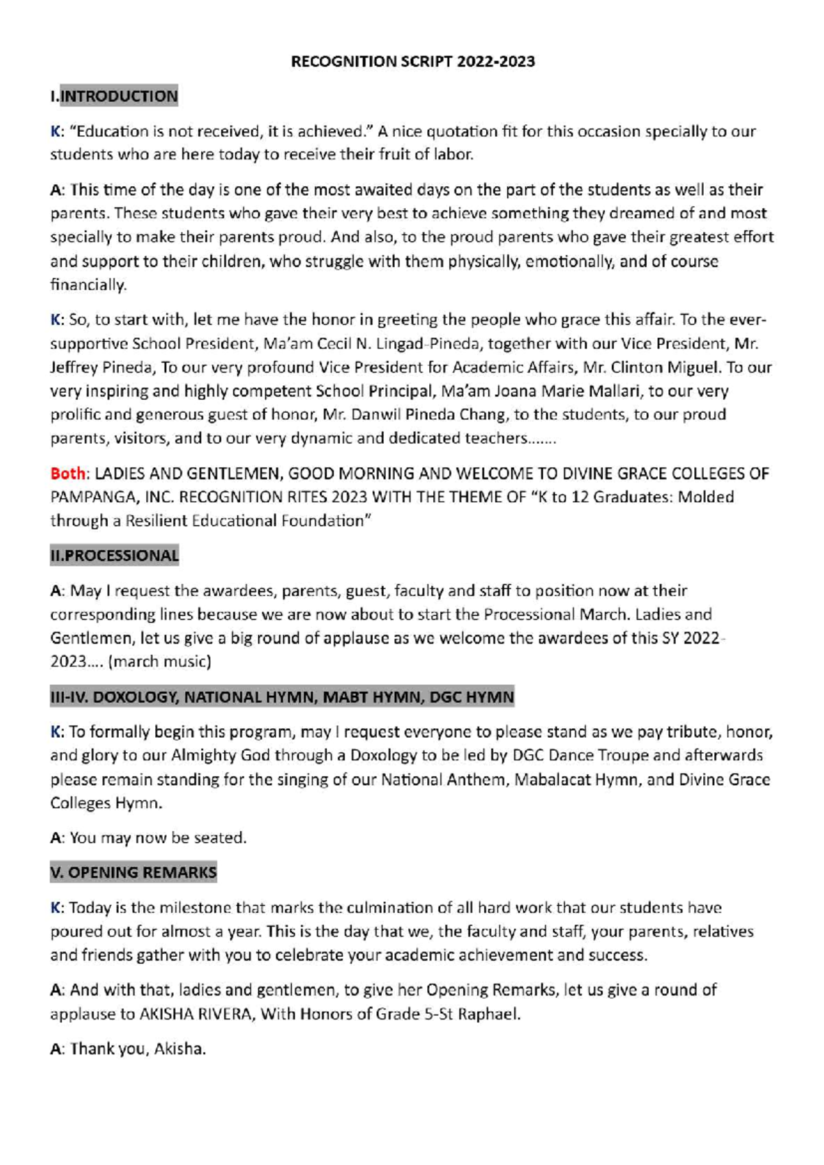 Recognition script for the 2023 Divine Grace Colleges ceremony - Studocu