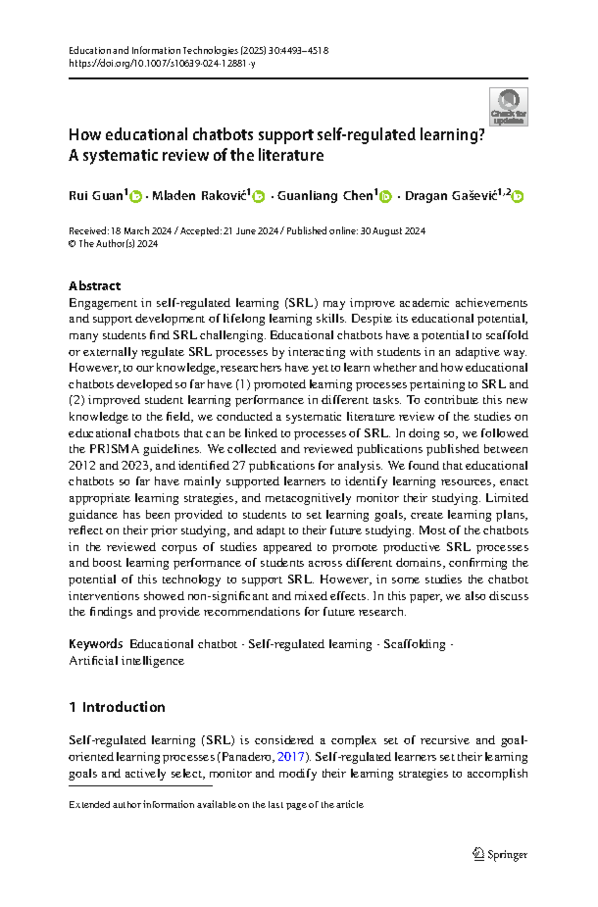 Educational Chatbots and SRL: A Systematic Review (EDU 2025) - Studocu