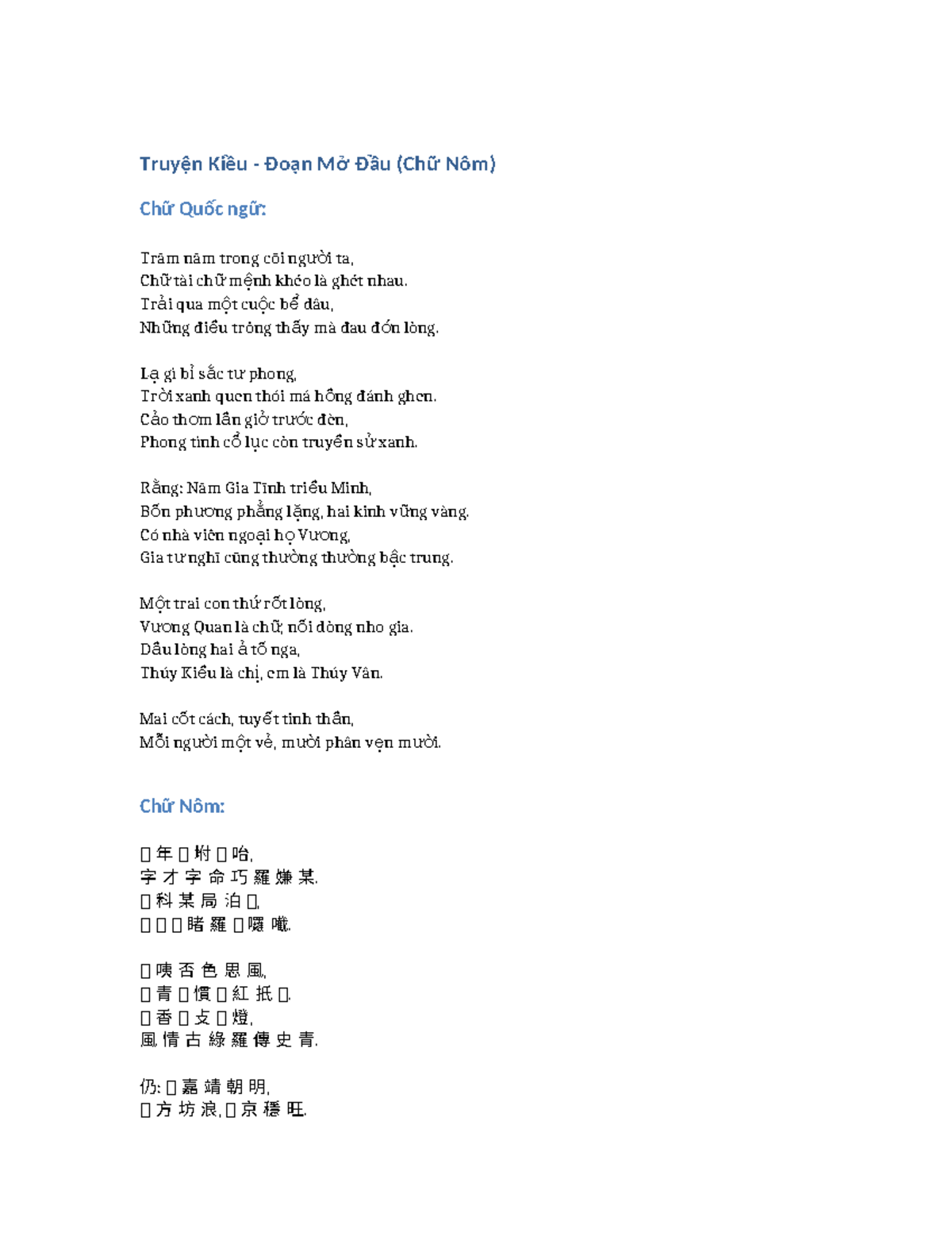 Truyện Kiều - Đoạn Mở Đầu (Chữ Nôm) - Tóm Tắt & Phân Tích - Studocu