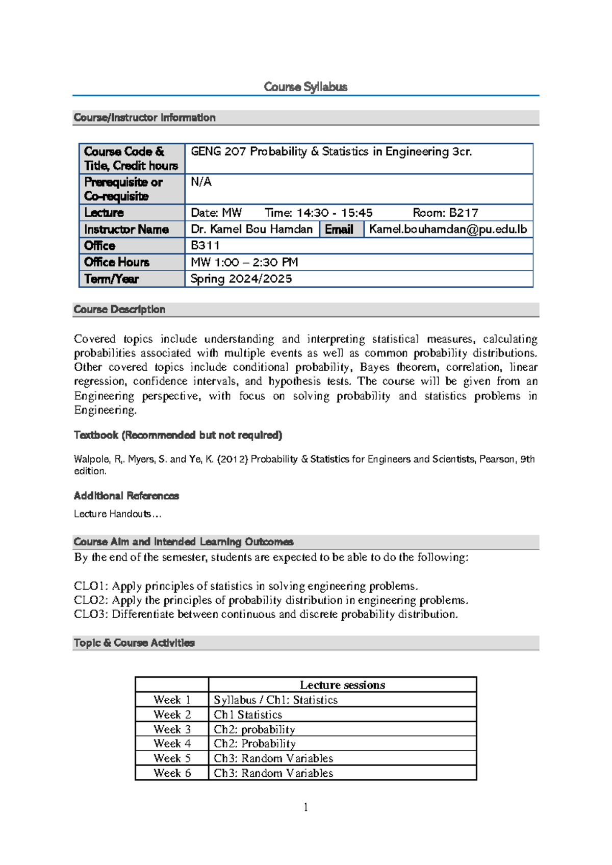 GENG207 Course Syllabus COE - 1 Course Syllabus Course/Instructor ...