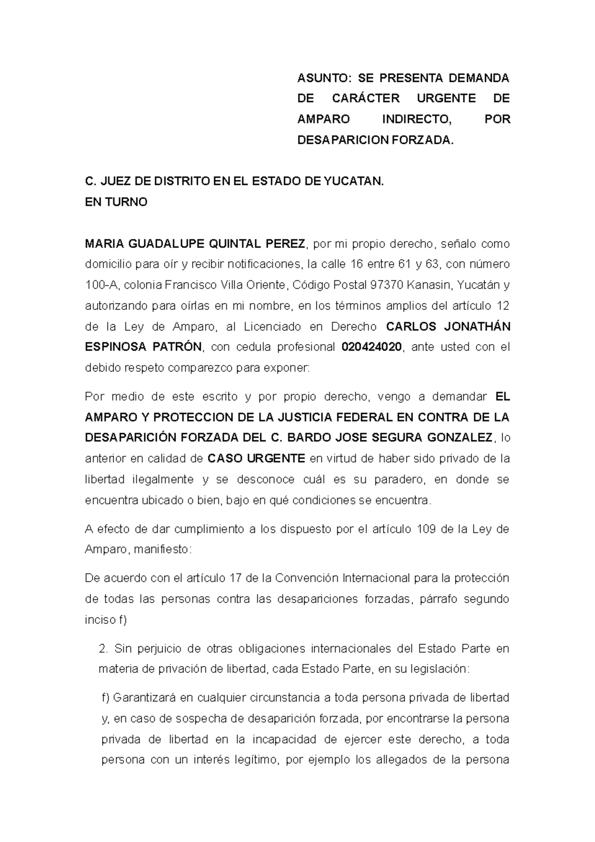 Demanda de Amparo por Desaparición Forzada - C. BARDO JOSE SEGURA ...