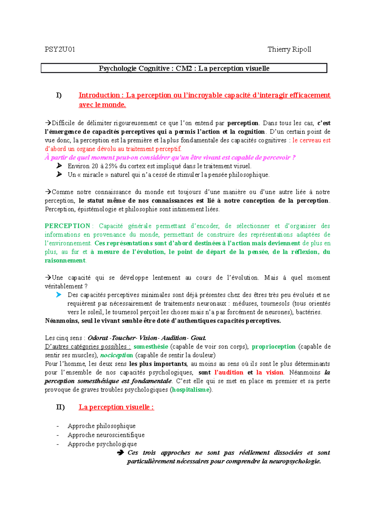 CM 2 - cours de psychologie cognitive l1 2021-2022 notes de cours ...