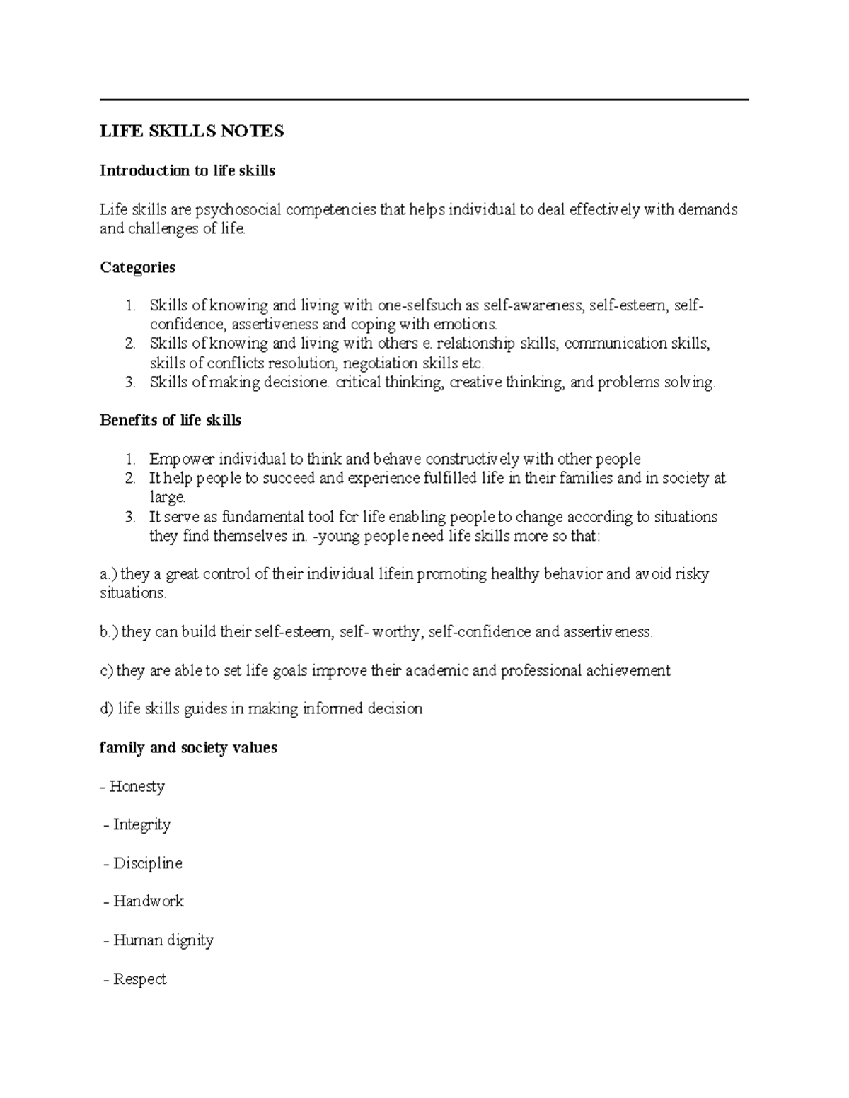 LIFE Skills Notes - LIFE SKILLS NOTES Introduction to life skills Life ...