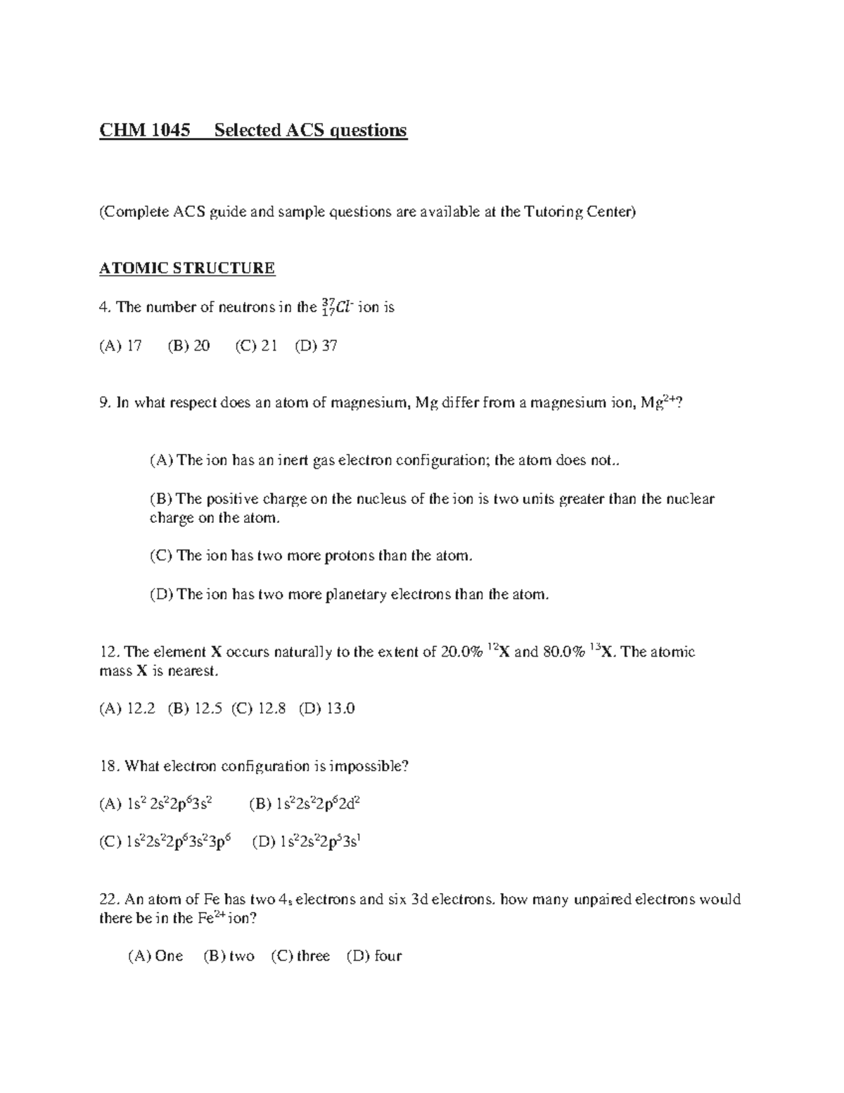 CHM-1045 Final Exam Selected ACS Questions and Answers - Studocu