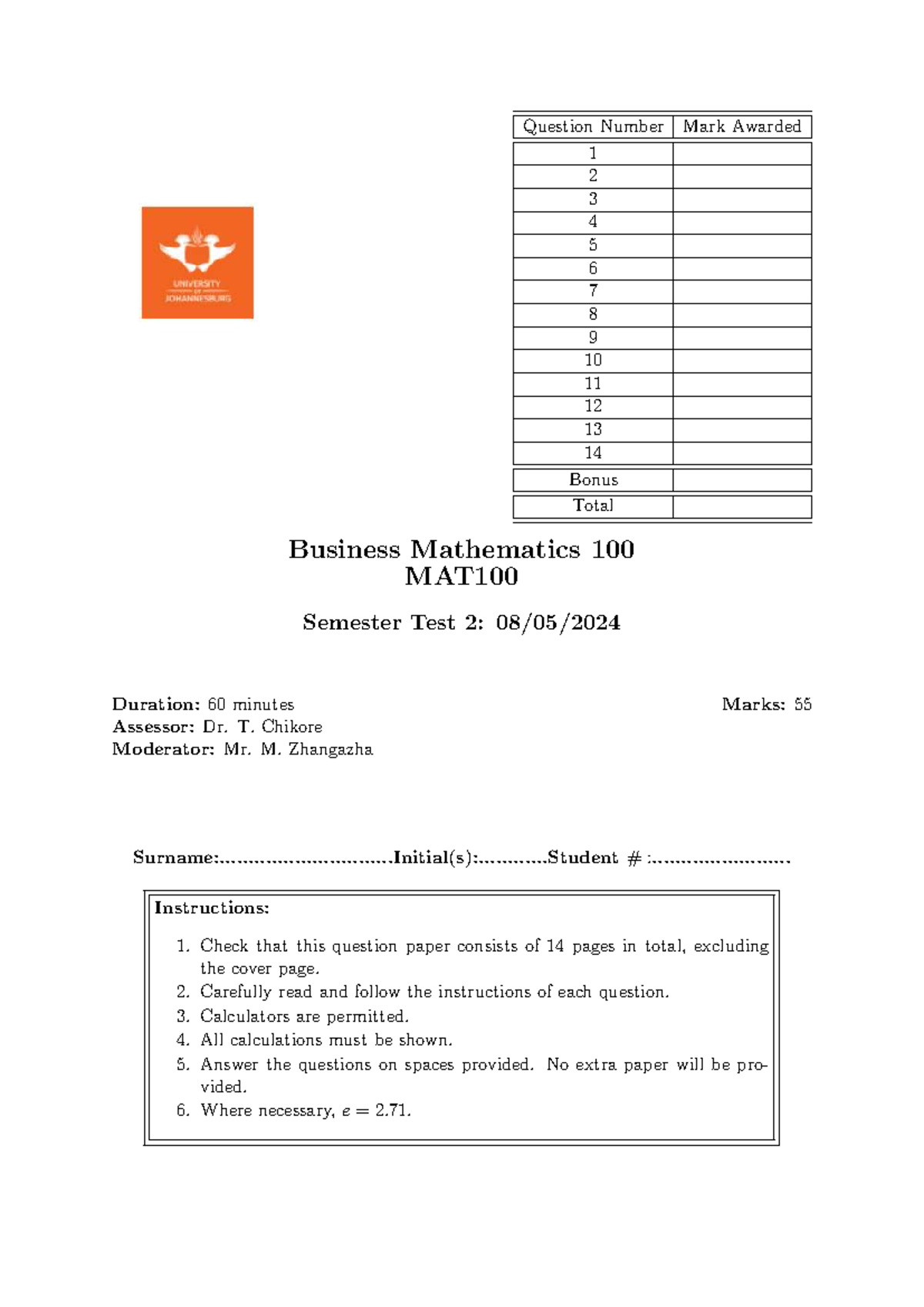 MAT100 2024 Semester Test 2: Business Mathematics Questions and Marks ...