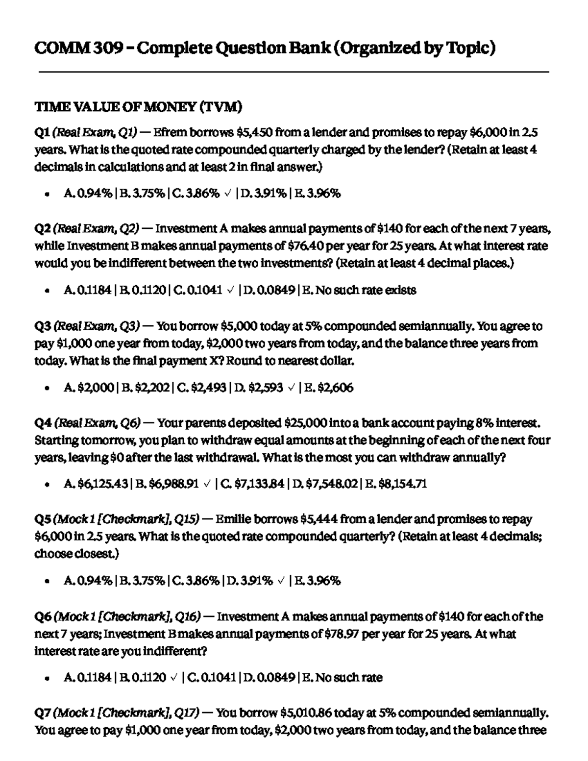 COMM 309 Practice Questions for Semester Exam on Time Value of Money ...