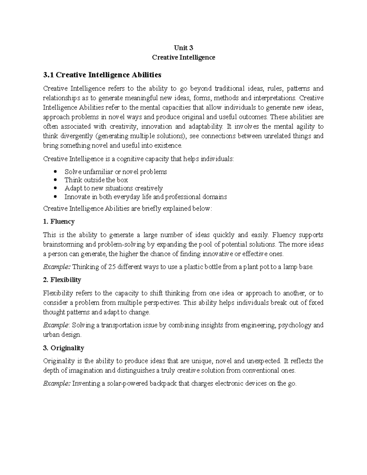 Unit 3: Exploring Creative Intelligence and Its Abilities - Studocu