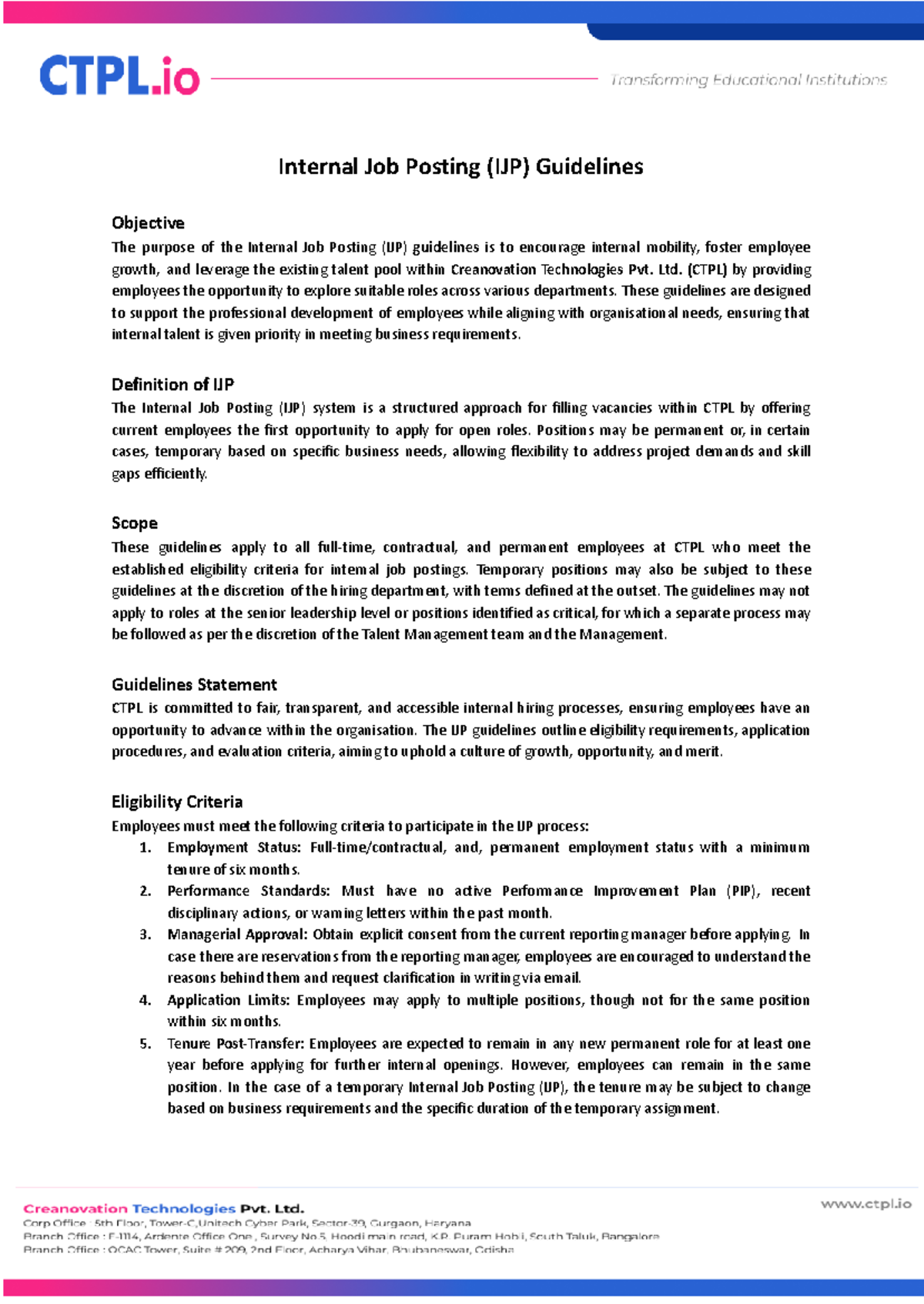 IJP Guidelines for Internal Mobility at CTPL - Studocu