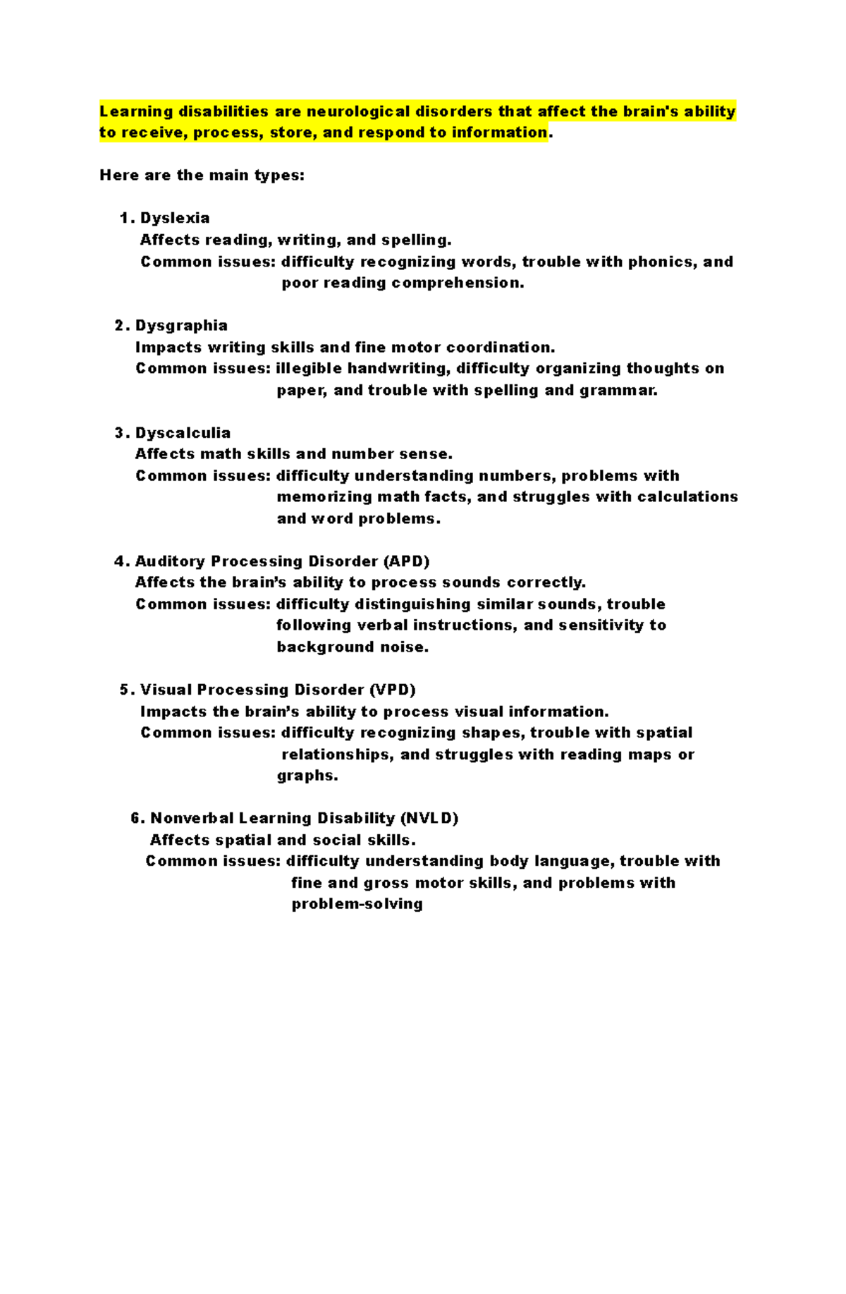 Learning disabilities overview: types and common issues - Studocu