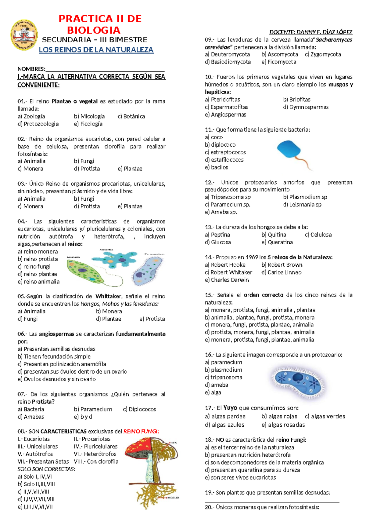 PRACTICA II DE BIOLOGIA SECUNDARIA: LOS REINOS DE LA NATURALEZA - Studocu