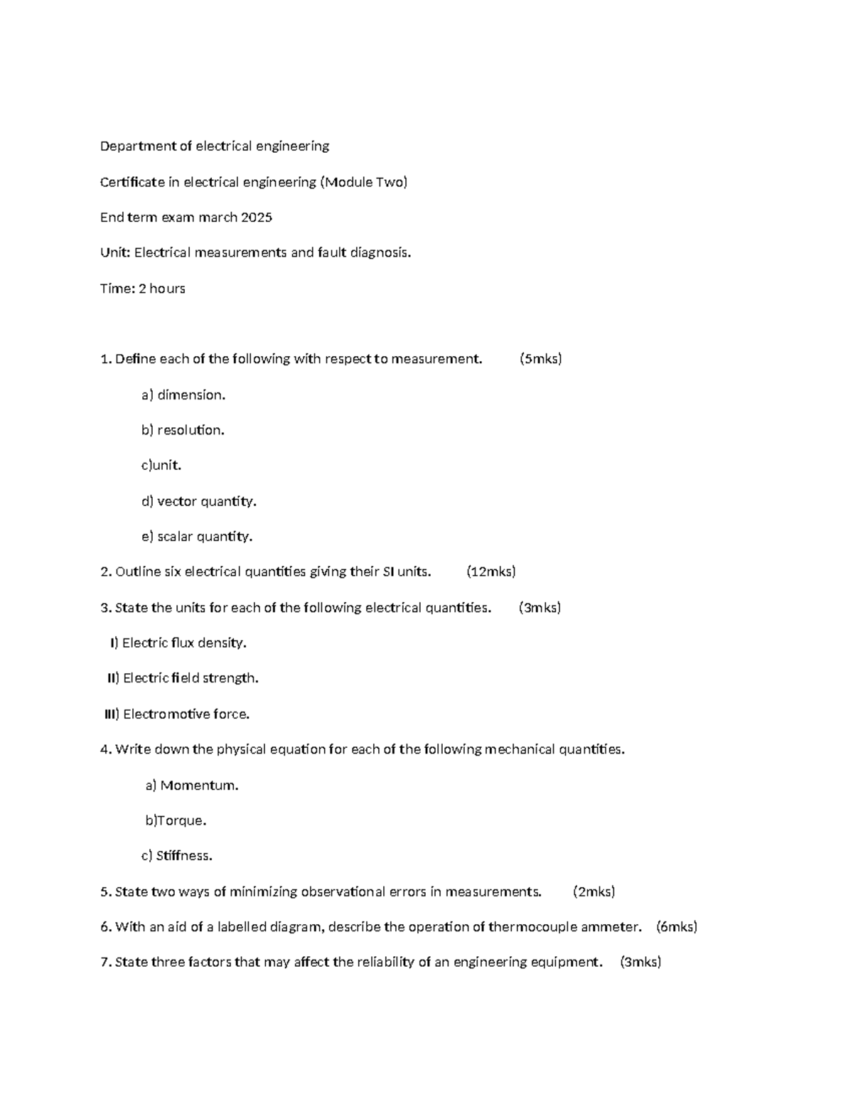 EE Certificate Module 2 End Term Exam: Electrical Measurements & Fault ...