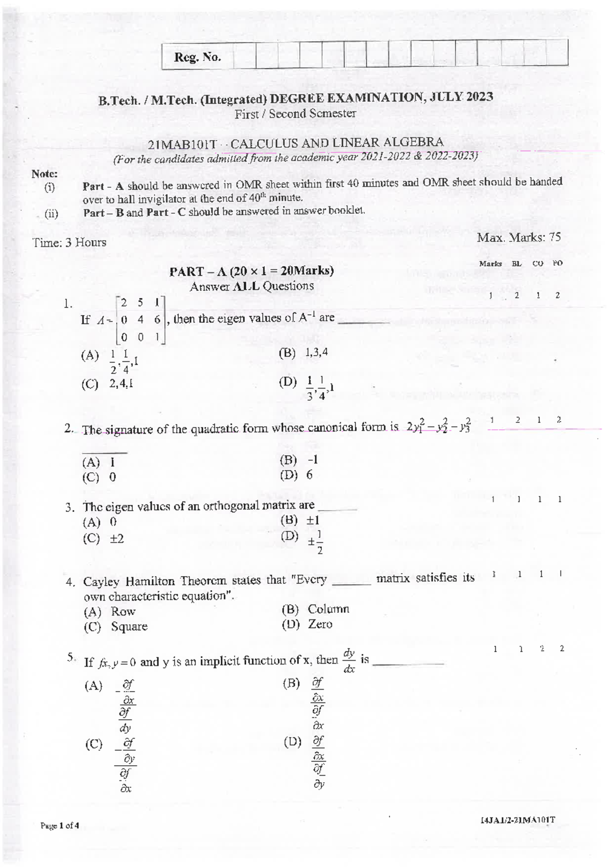 21MAB101T Calculus & Linear Algebra Exam Paper - July 2023 - Studocu