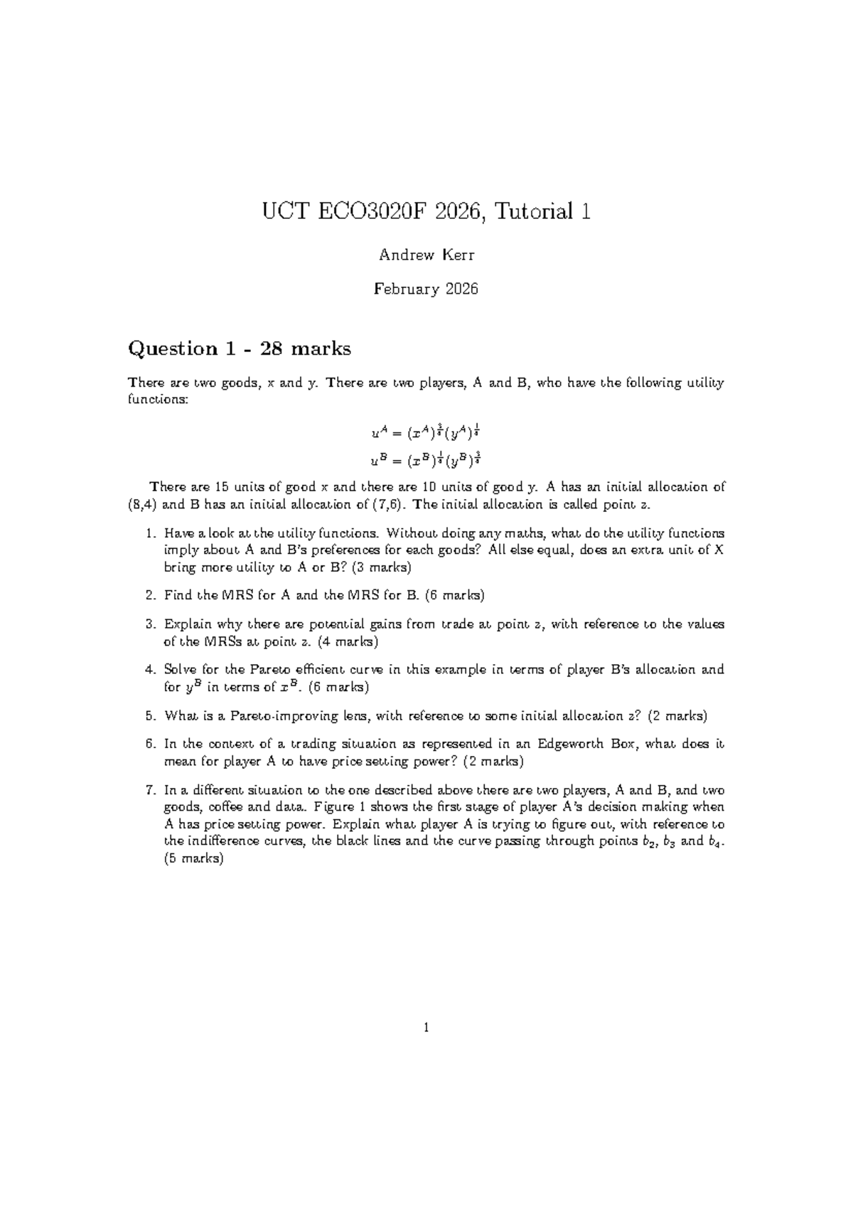 UCT ECO3020F 2026, Tutorial 1: Utility Functions & Trade Analysis - Studocu