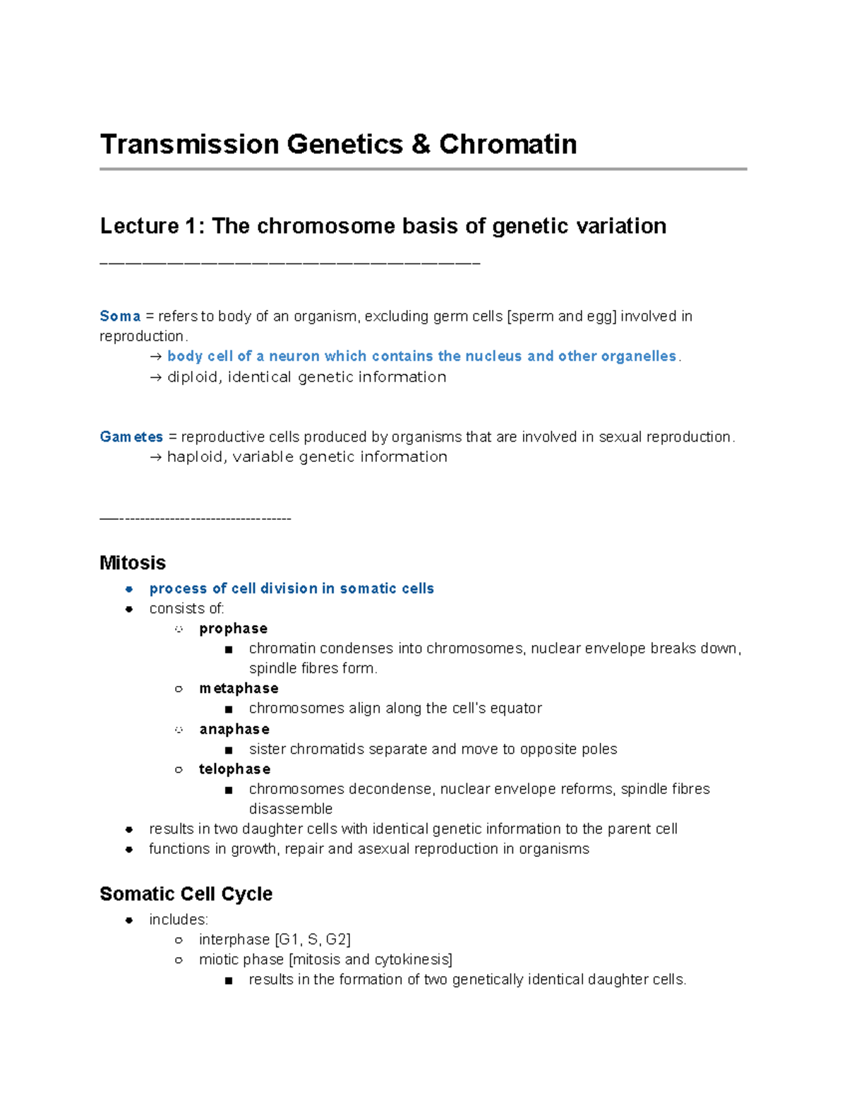 BS1050 - WEEK 2 - Lecture notes - Transmission Genetics & Chromatin ...