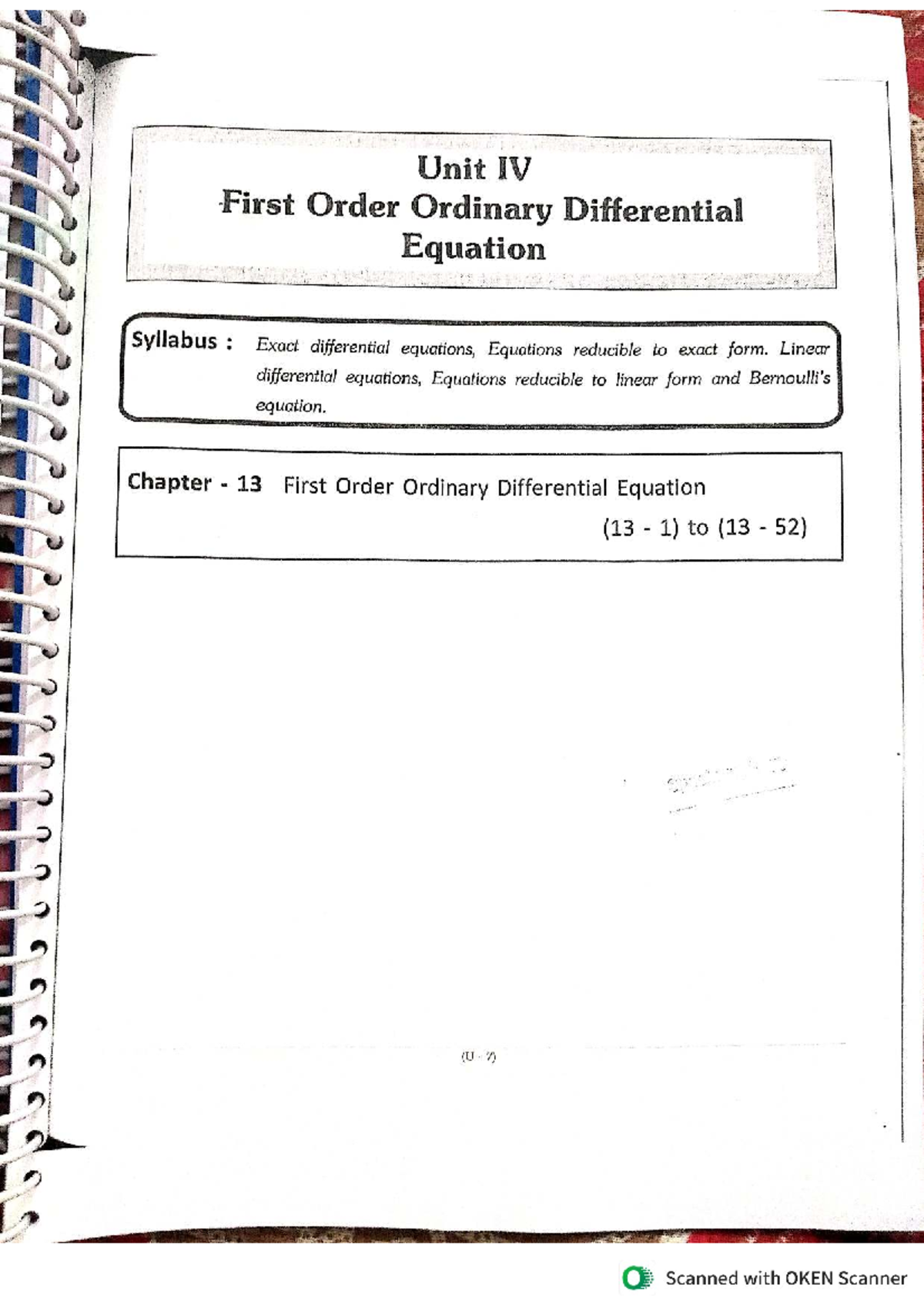 Unit IV: First Order Ordinary Differential Equations - Syllabus and ...