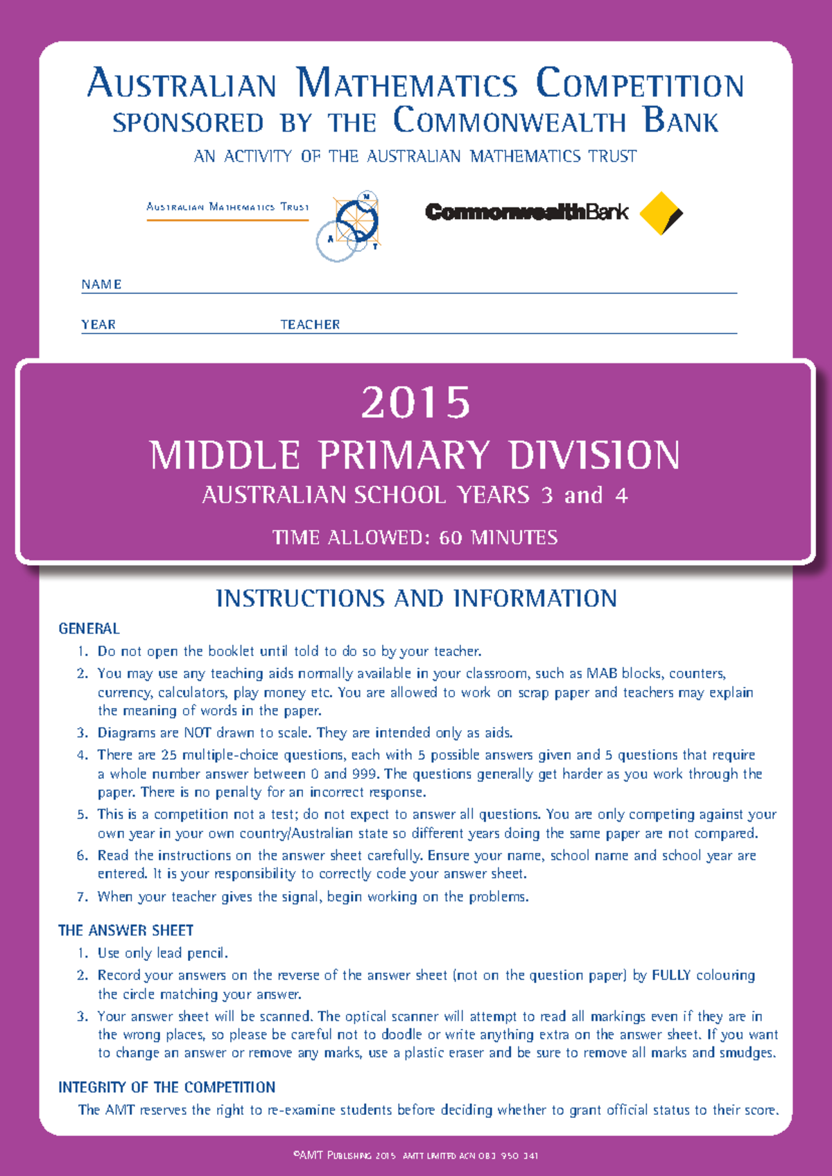 2015 AMC Middle Primary Competition Questions and Instructions - Studocu