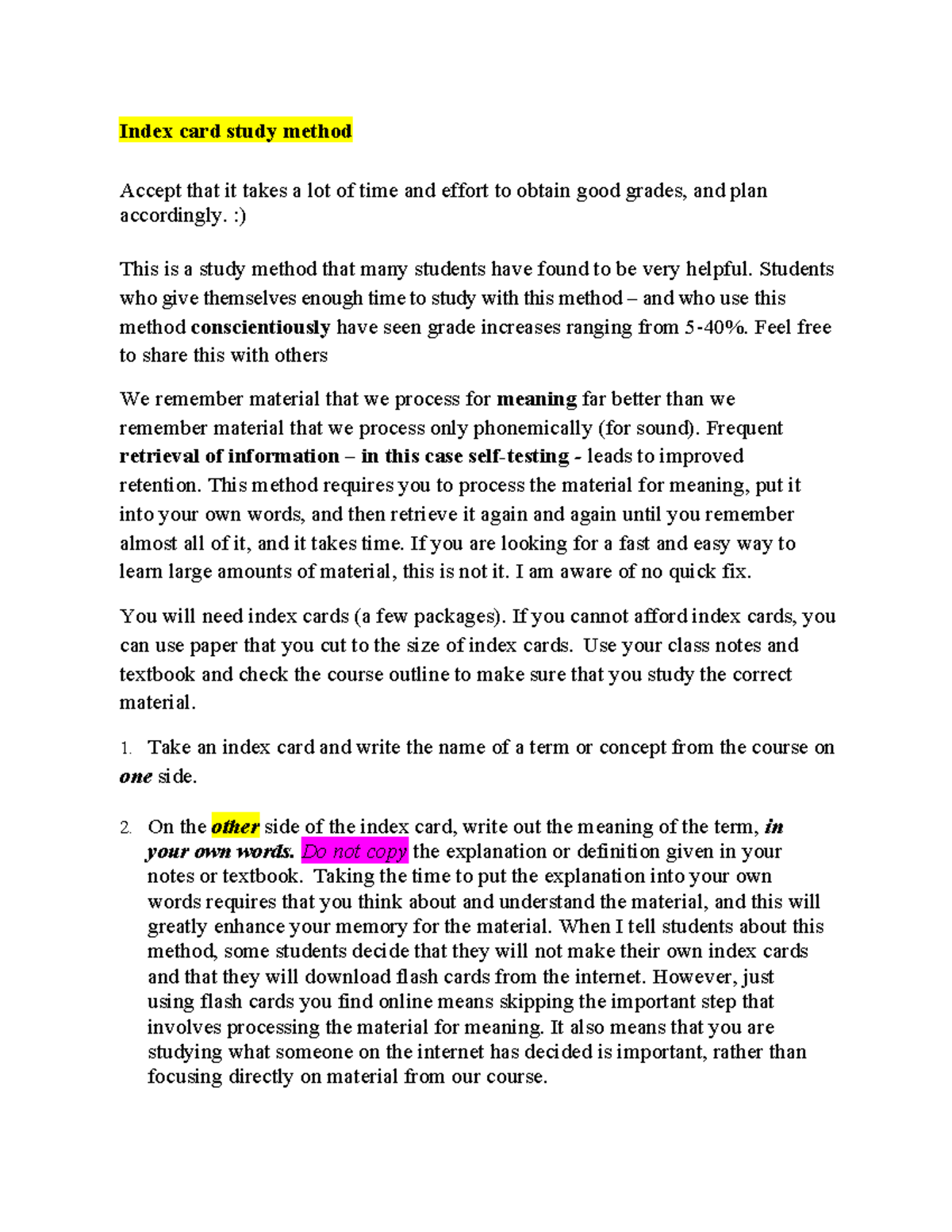 Index Card Study Method for Effective Learning Strategies - Studocu