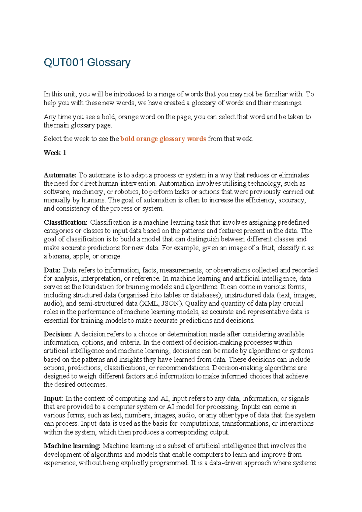 QUT001 Glossary: Key Terms and Concepts in AI & Machine Learning - Studocu