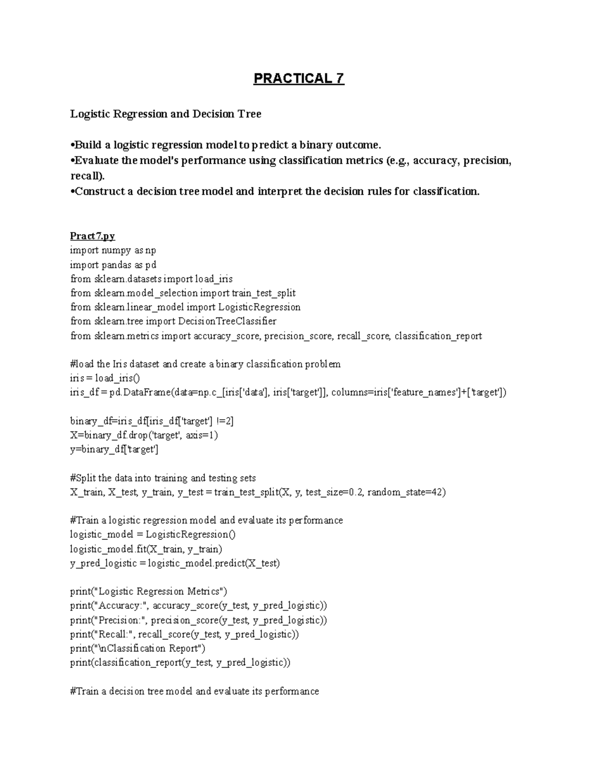 Practical 7: Logistic Regression & Decision Tree Analysis - Studocu