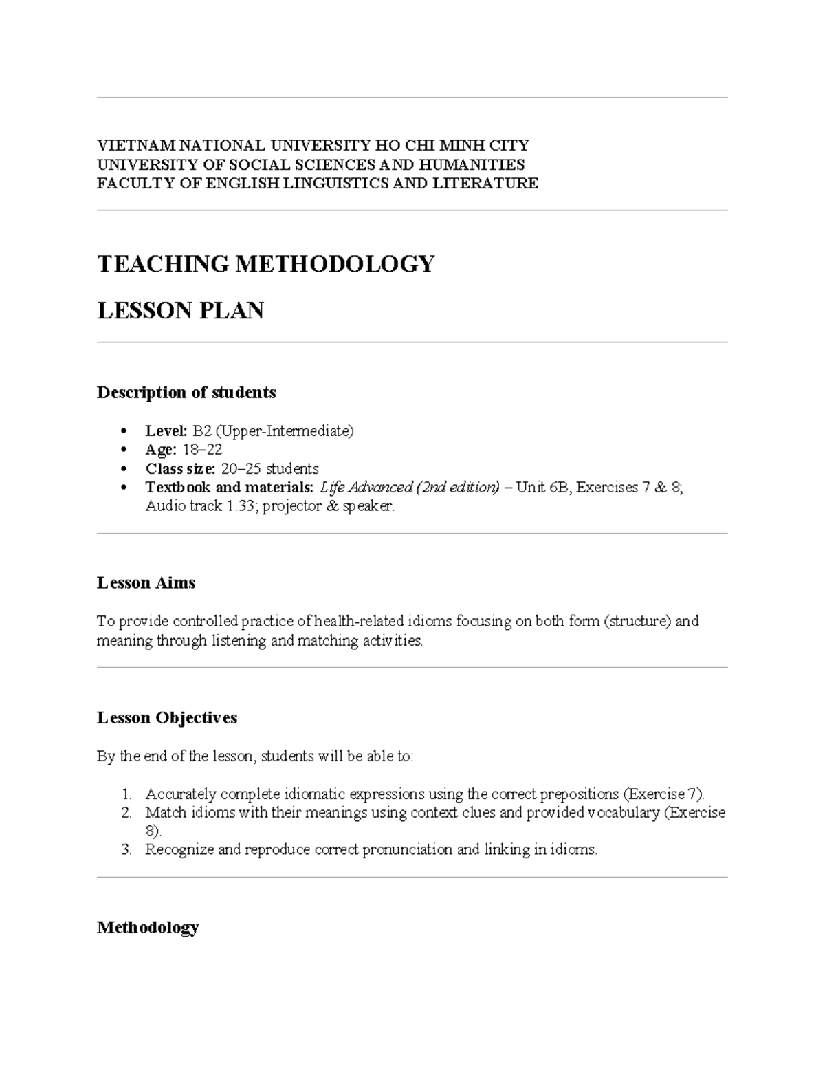 B2 Teaching Methodology Lesson Plan: Idioms Practice (LP) - Studocu