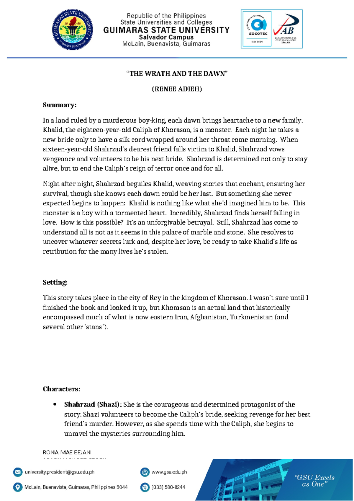 Arabian ShortStory for grade 8 “THE WRATH AND THE DAWN”