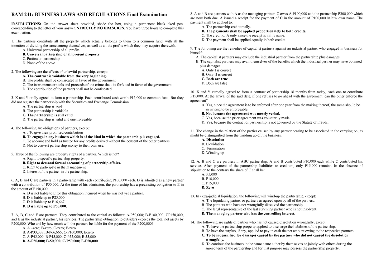 BAM 241: BUSINESS LAWS AND REGULATIONS Final Exam Review Notes - Studocu